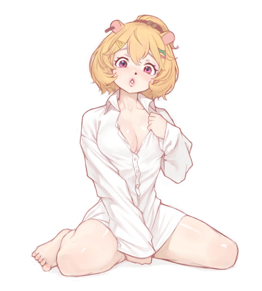 sussynano, eimi isami, phase connect, 1girl, animal ears, blush, breasts, cleavage, collarbone, collared shirt, dress shirt, ear piercing, feet, hamster ears, large breasts, looking at viewer, orange hair, piercing, pink eyes, scrunchie, shirt, short hair, sitting, solo, spread legs, thighs, virtual youtuber, wariza, white background, white shirt