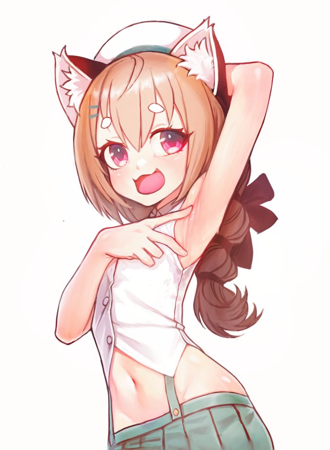 sussynano, komachi panko, phase connect, 1girl, arm up, armpits, blush, bow, braid, brown hair, hair ornament, hairclip, long hair, looking at viewer, navel, open mouth, pink eyes, red panda ears, shiny skin, shirt, skirt, sleeveless, sleeveless shirt, solo, spread armpit, virtual youtuber, white background