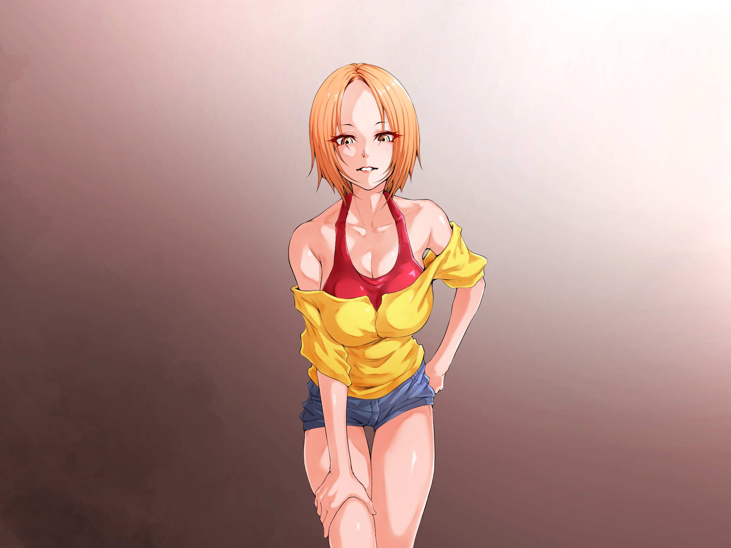 aho manten, highres, 1girl, gradient background, hand on own hip, hand on own thigh, red sports bra, shirt, shorts, solo, sports bra, yellow shirt