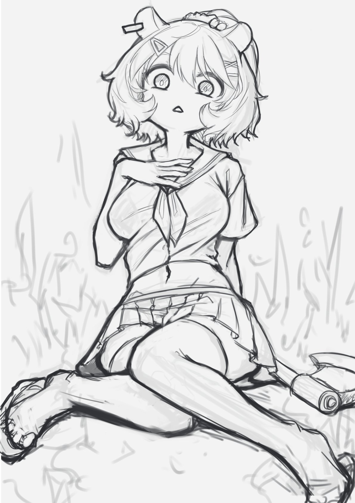 sussynano, eimi isami, phase connect, highres, 1girl, animal ears, axe, ear piercing, greyscale, hair ornament, hairclip, hamster ears, looking at viewer, monochrome, navel, piercing, school uniform, serafuku, skirt, solo, virtual youtuber