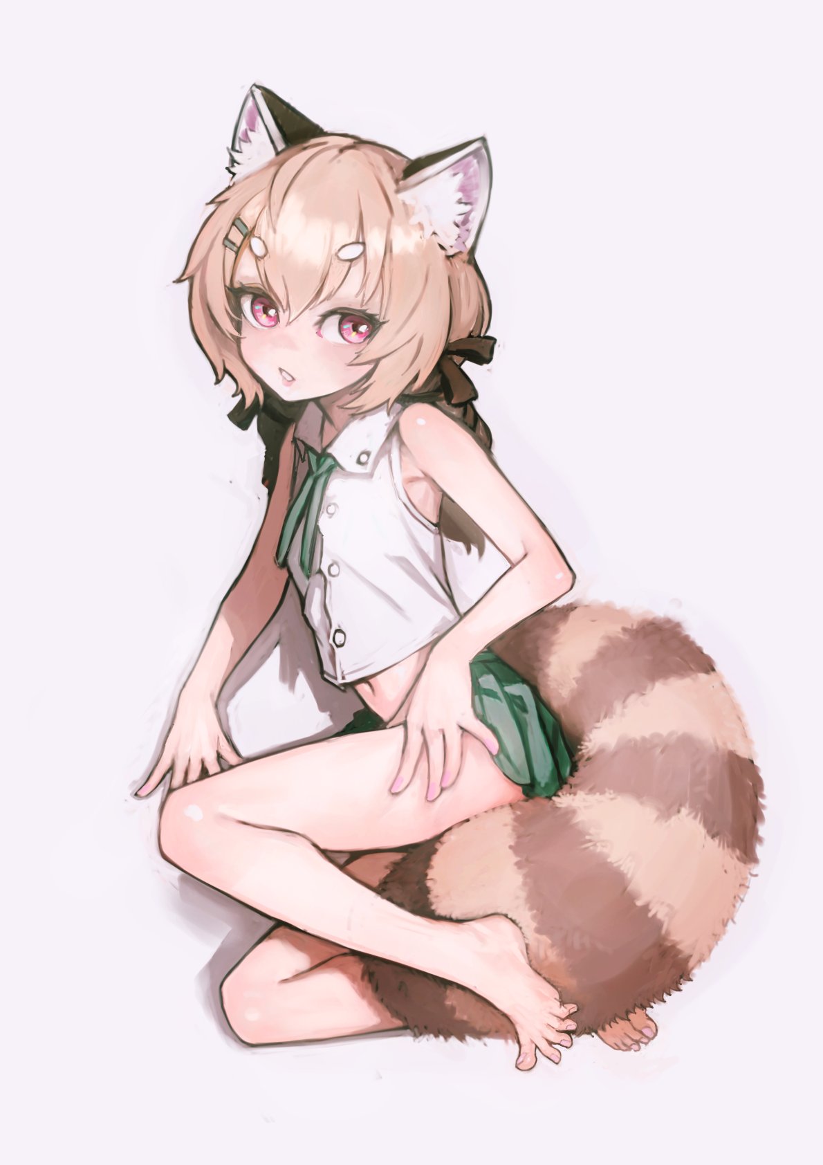 sussynano, komachi panko, phase connect, highres, 1girl, armpits, bare shoulders, blush, brown hair, collared shirt, feet, hair ornament, hairclip, looking at viewer, lying, navel, on side, pink eyes, red panda ears, red panda tail, shiny skin, shirt, sleeveless, sleeveless shirt, solo, virtual youtuber, white background