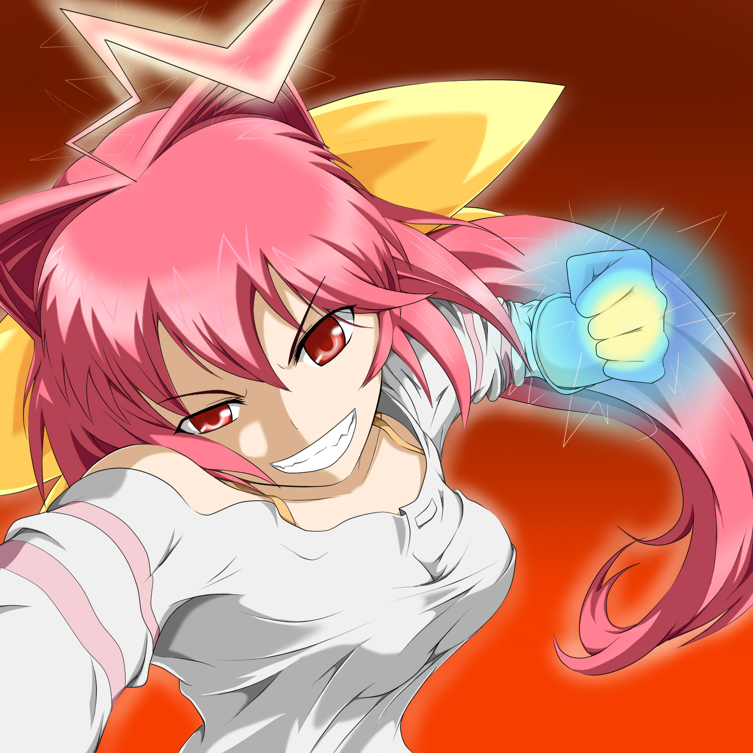 sora (pixiv), sora (y564219), kagami sumika, muv-luv, highres, 1girl, breasts, female focus, grin, hair intakes, red eyes, red hair, smile, solo