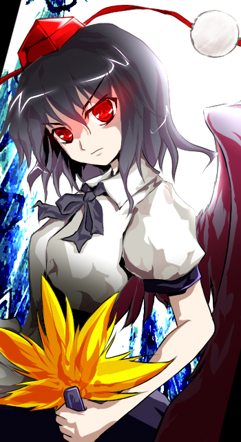 yuna gram, yunagram, shameimaru aya, touhou, bad id, bad pixiv id, 1girl, black hair, black wings, female focus, glowing, glowing eyes, hand fan, hat, looking at viewer, red eyes, short hair, solo, tokin hat, wings