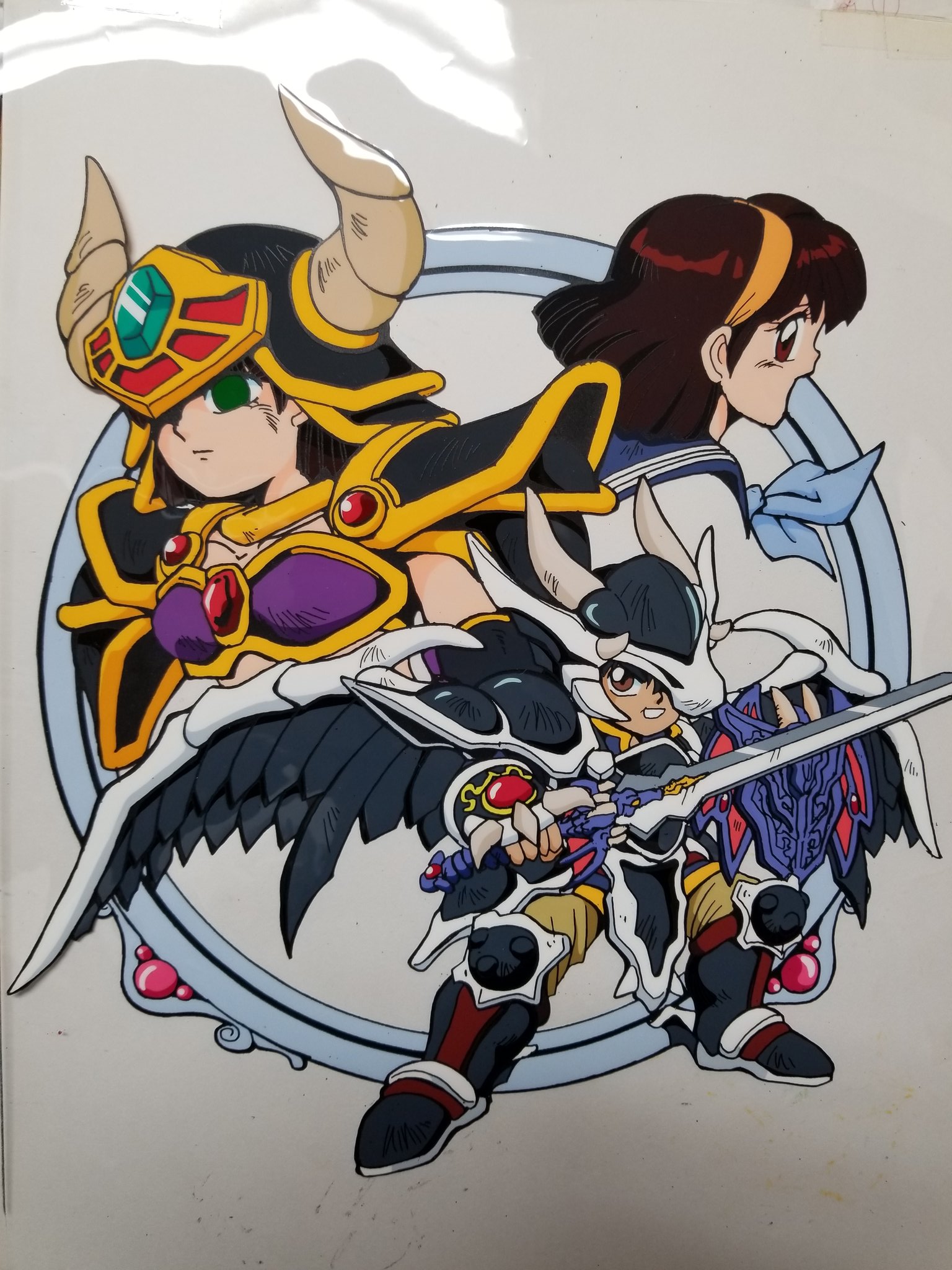 kokomahi, kouryuu densetsu villgust, commentary request, highres, official art, 1boy, 2girls, armor, armored boots, bikini armor, black armor, black hair, black shirt, black shorts, black wings, blue neckerchief, blue sailor collar, boots, brown eyes, brown hair, brown pants, cel, closed mouth, corruption, dark persona, dual persona, expressionless, fake horns, faulds, feathered wings, gauntlets, green eyes, hairband, helmet, holding, holding shield, holding sword, holding weapon, horned helmet, horns, looking at viewer, looking back, medium hair, miike shun, multiple girls, nakajima michiko, neckerchief, open mouth, pants, ruciese (villgust), sailor collar, school uniform, serafuku, shield, shirt, short hair, shorts, shoulder armor, smile, standing, sword, weapon, white shirt, wings, yellow hairband