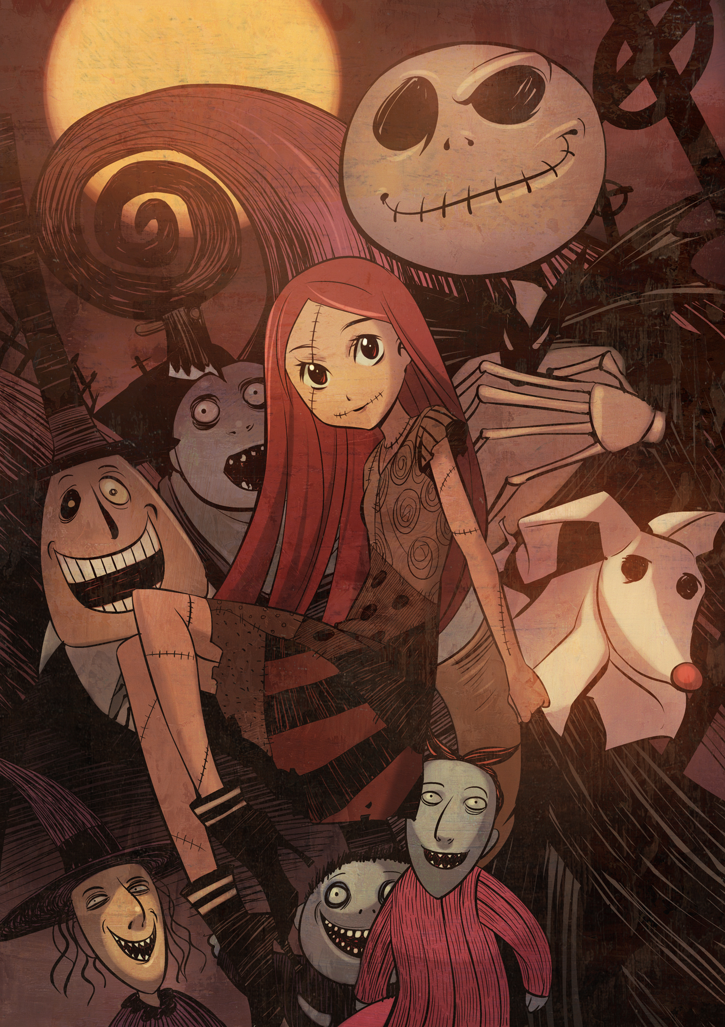 mayor, xr650r, barrel (nbc), jack skellington, lock (nbc), sally, sally (nbc), shock (nbc), zero (nbc), disney, the nightmare before christmas, bad id, bad pixiv id, highres, 2girls, axe, cross, demon, doll, full moon, glasgow smile, grave, graveyard, halloween, hill, hollow eyes, lock shock barrel, moon, multiple girls, skeleton, smile, stitches, weapon, witch