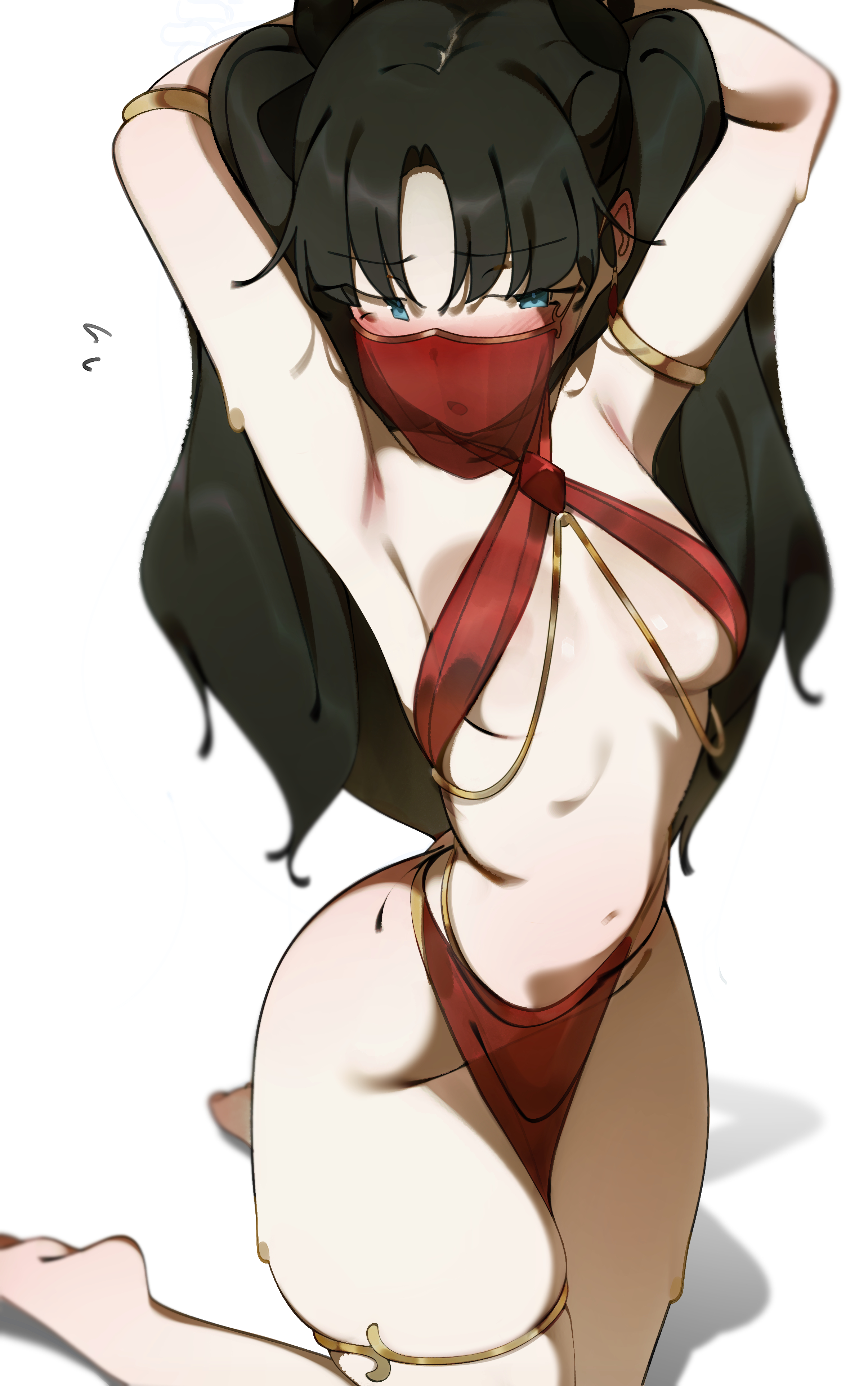 deko morii, tohsaka rin, fate/stay night, fate (series), absurdres, highres, 1girl, armlet, armpits, arms behind head, arms up, bare shoulders, belly chain, black hair, blue eyes, blush, breasts, hair ribbon, halterneck, harem outfit, jewelry, long hair, looking at viewer, mouth veil, navel, open mouth, pelvic curtain, ribbon, small breasts, solo, stomach, thighlet, thighs, two side up, veil