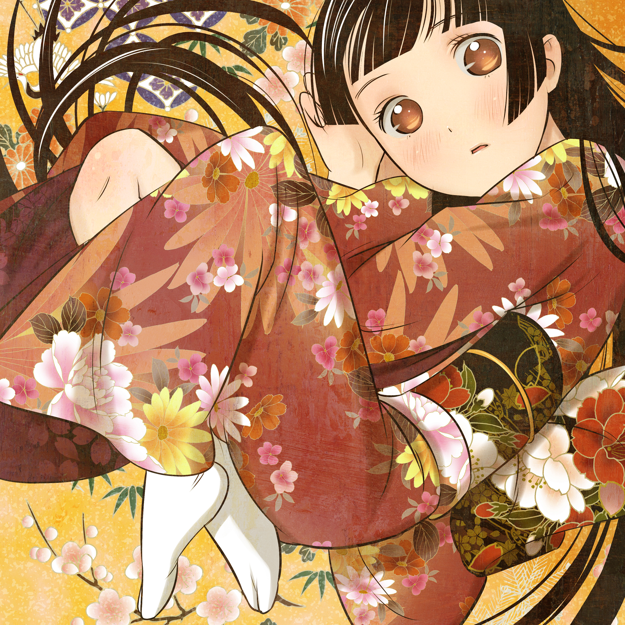 xr650r, bad id, bad pixiv id, highres, tagme, black hair, brown eyes, flower, japanese clothes, solo