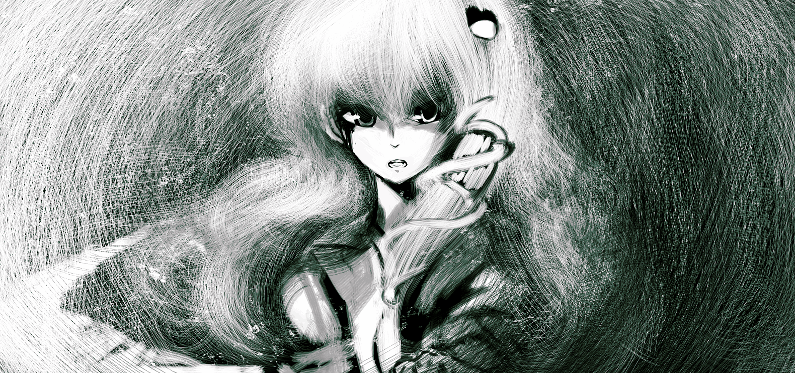 yoshioka yoshiko, kochiya sanae, touhou, 1girl, blood, breasts, female focus, green theme, monochrome, snake, solo, upper body