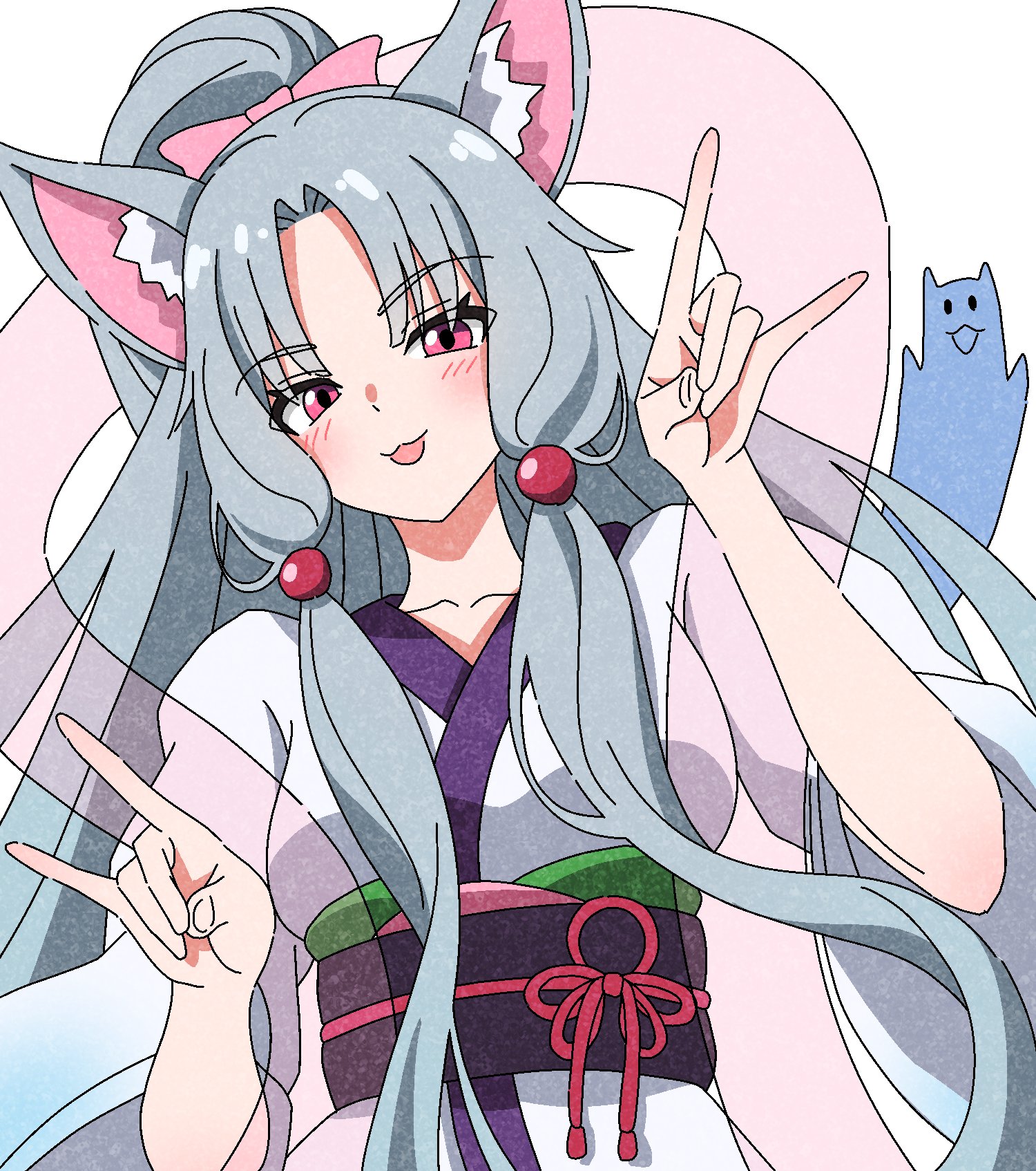 touhoku itako, voiceroid, hashtag-only commentary, highres, 1girl, :3, animal ear fluff, animal ears, beads, blush, bow, breasts, collarbone, curtained hair, double fox shadow puppet, fox ears, fox girl, fox shadow puppet, grey hair, hagoromo, hair beads, hair bow, hair ornament, hands up, head tilt, japanese clothes, kimono, long hair, long sidelocks, lonsooooooooo, looking at viewer, medium breasts, obi, open mouth, parted bangs, pink bow, pink eyes, ponytail, purple sash, purple trim, sash, shawl, sidelocks, simple background, solo, upper body, very long hair, white background, white kimono, wide sleeves
