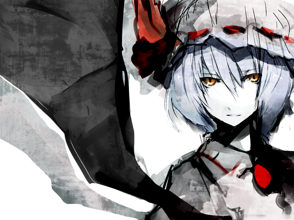 un-known (ninesix), remilia scarlet, touhou, bad id, bad pixiv id, 1girl, blue hair, female focus, hat, short hair, solo, upper body, white background, wings, yellow eyes