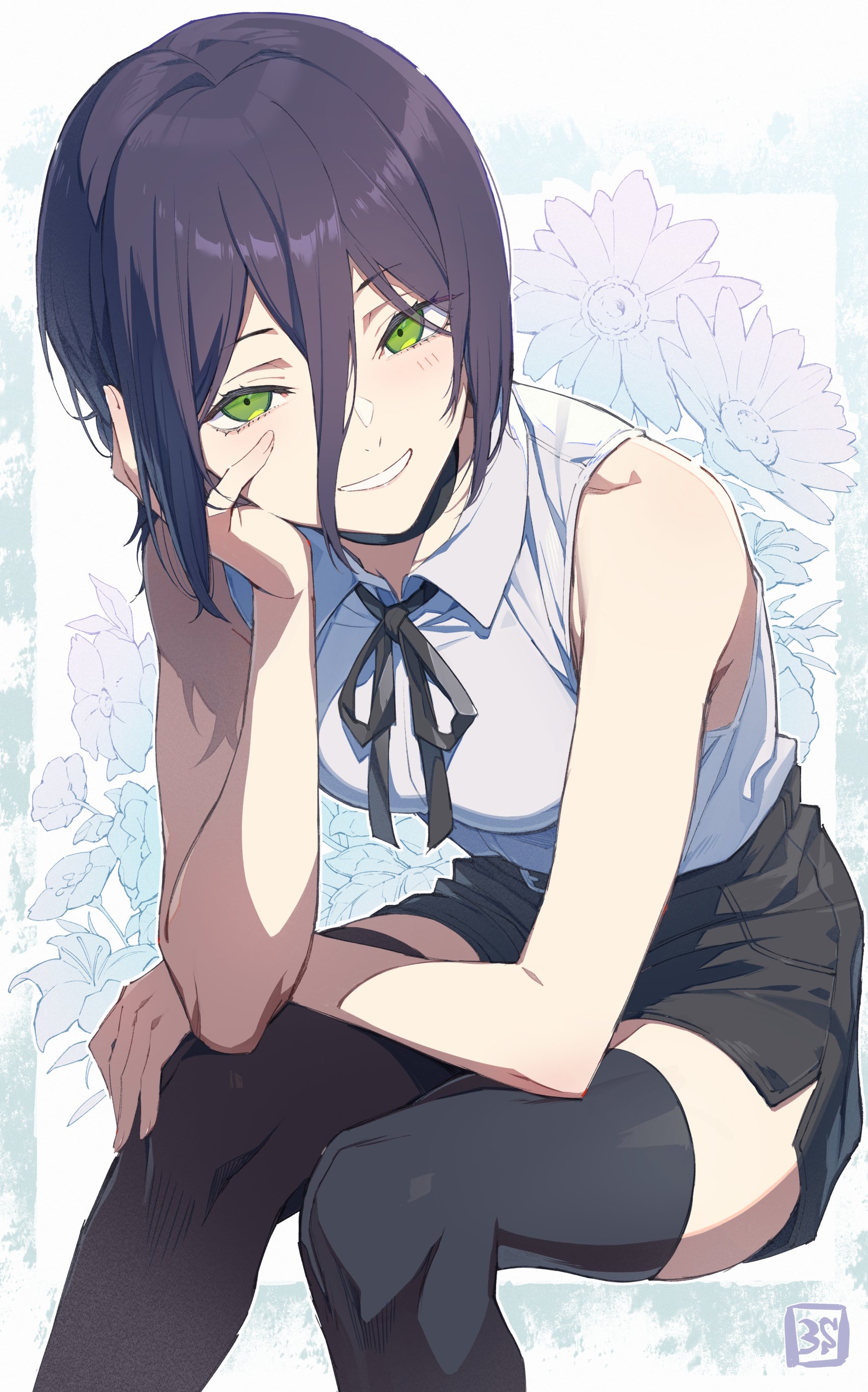 3s (tarariko), reze (chainsaw man), chainsaw man, absurdres, commentary, highres, 1girl, black choker, black hair, black ribbon, black shorts, black thighhighs, choker, collared shirt, cowboy shot, feet out of frame, flower, green eyes, grin, hair between eyes, head rest, invisible chair, long hair between eyes, looking at viewer, medium hair, neck ribbon, ribbon, shirt, shorts, signature, sitting, smile, solo, thighhighs, zettai ryouiki