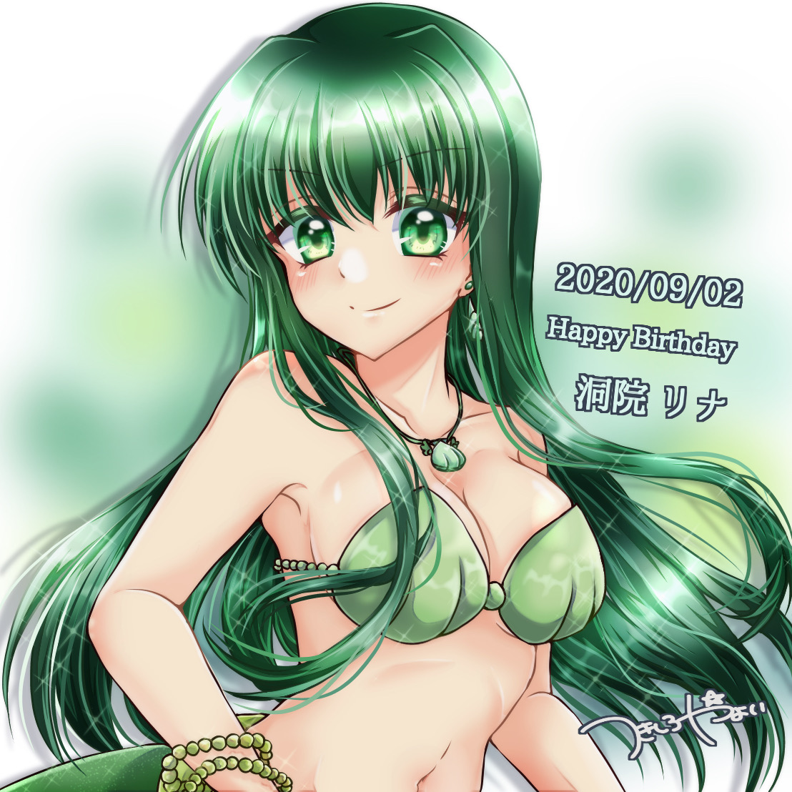 tsukishiro yayoi (yumeir0), touin rina, touin rina (mermaid), mermaid melody pichi pichi pitch, commentary request, 1girl, bikini, blush, bracelet, breasts, cleavage, closed mouth, collarbone, conch, earrings, green bikini, green eyes, green hair, hair between eyes, happy birthday, jewelry, large breasts, long hair, looking at viewer, mermaid, monster girl, navel, necklace, shell, shell bikini, shell necklace, smile, solo, stomach, swimsuit, very long hair