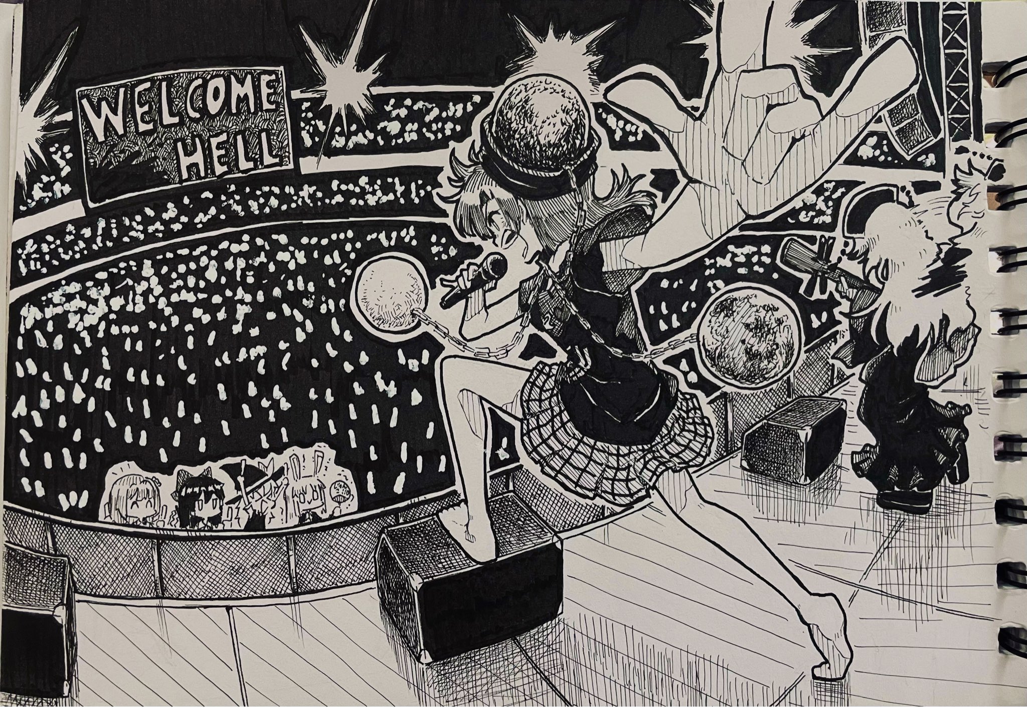 suteruko, hakurei reimu, hecatia lapislazuli, junko (touhou), kirisame marisa, kochiya sanae, reisen udongein inaba, touhou, highres, instrument request, photo (medium), traditional media, 6+girls, animal ears, barefoot, bow, chain, closed mouth, dalachi (headdress), earth (ornament), english text, frog hair ornament, glowstick, hair bow, hair ornament, hair tubes, hat, hat bow, holding, holding glowstick, holding instrument, holding microphone, instrument, long hair, microphone, moon (ornament), multiple girls, music, open mouth, playing instrument, rabbit ears, rabbit girl, shirt, shoes, singing, skirt, smile, tabard, toes, underworld (ornament), witch hat