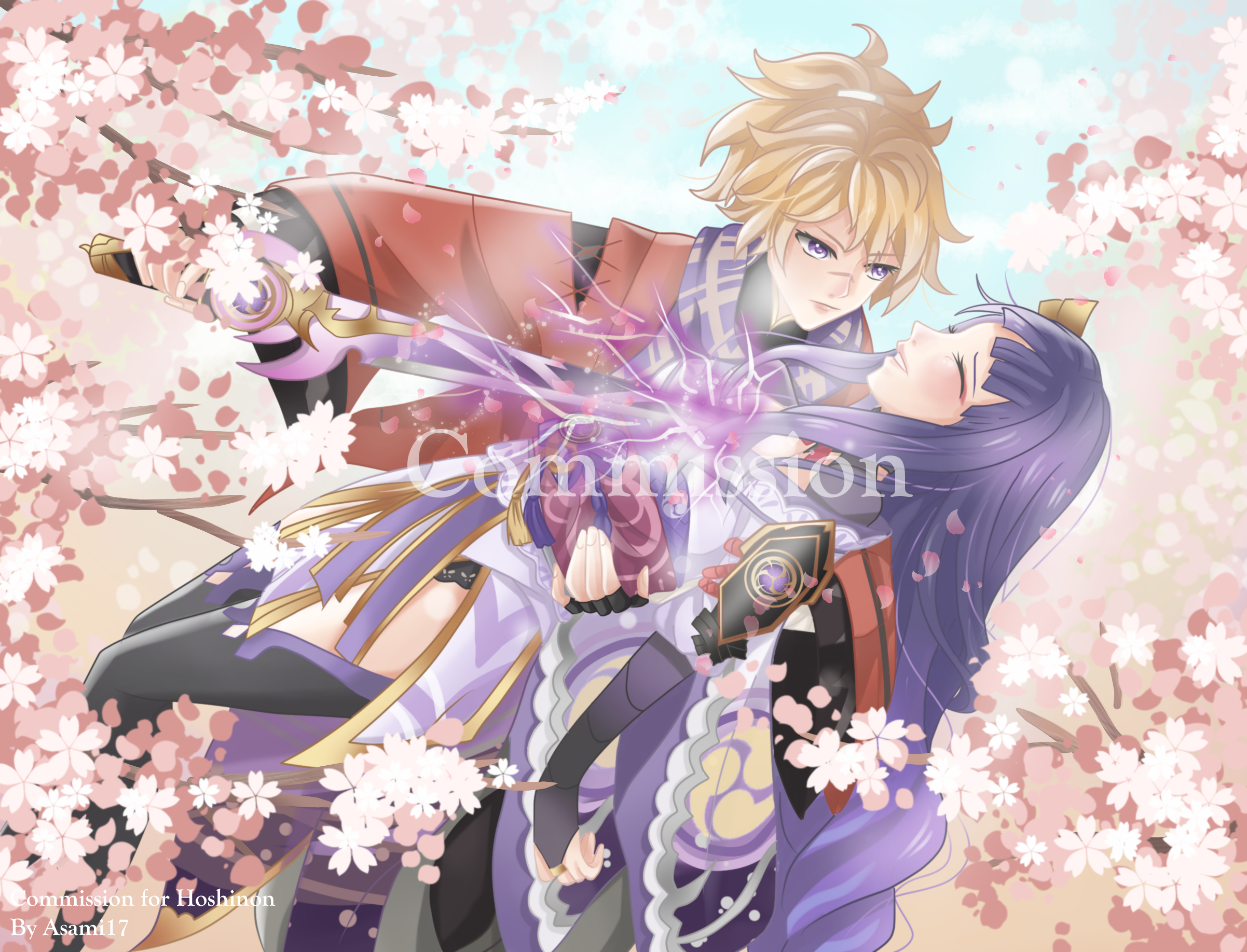 kazuha's friend (genshin impact), raiden shogun, genshin impact, commentary, commission, english commentary, highres, 1boy, 1girl, arm up, asami 7teen, black panties, black thighhighs, blonde hair, blue sky, blunt bangs, blurry, blush, branch, bridal gauntlets, cherry blossoms, closed eyes, closed mouth, cloud, cloudy sky, couple, curly hair, depth of field, drawing sword, electricity, friends, glowing, glowing sword, glowing weapon, hair ornament, hand on another's back, hetero, high ponytail, holding, holding sword, holding weapon, human scabbard, japanese clothes, katana, kimono, leaning back, leaning forward, leaning on person, leaning to the side, long hair, long sleeves, looking down, mitsudomoe (shape), multicolored hair, musou isshin (genshin impact), outdoors, panties, parted lips, pink lips, ponytail, purple eyes, purple hair, purple kimono, red sash, sash, scar, scar on face, scarf, shade, sheath, sky, smile, streaked hair, sword, sword between breasts, teeth, thighhighs, thighs, tomoe (symbol), tree, underwear, weapon