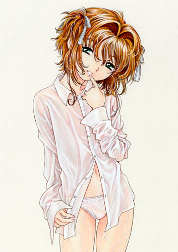 kinomoto sakura, cardcaptor sakura, artist request, lowres, 1990s (style), 1girl, beckoning, brown hair, come hither, dress shirt, female focus, finger to mouth, flat chest, green eyes, hair ribbon, loli, naughty face, navel, panties, retro artstyle, ribbon, seductive smile, shirt, short hair, short twintails, smile, solo, teasing, twintails, underwear, wet, wet clothes, white panties, white shirt