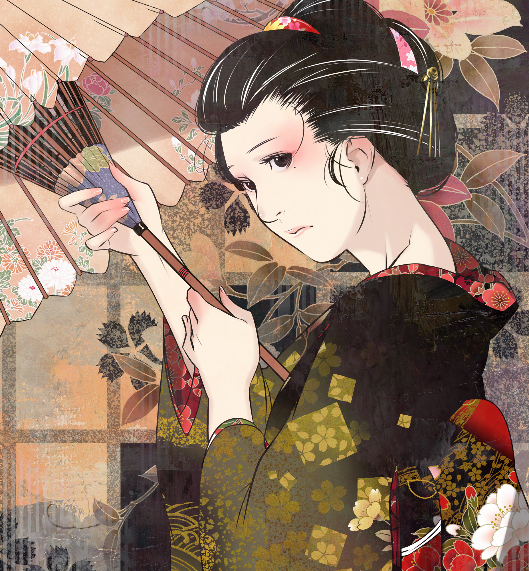 xr650r, original, highres, 1girl, black hair, eyeshadow, female focus, flower, geisha, japanese clothes, kimono, lipstick, makeup, mole, mole under eye, oil-paper umbrella, parasol, solo, umbrella