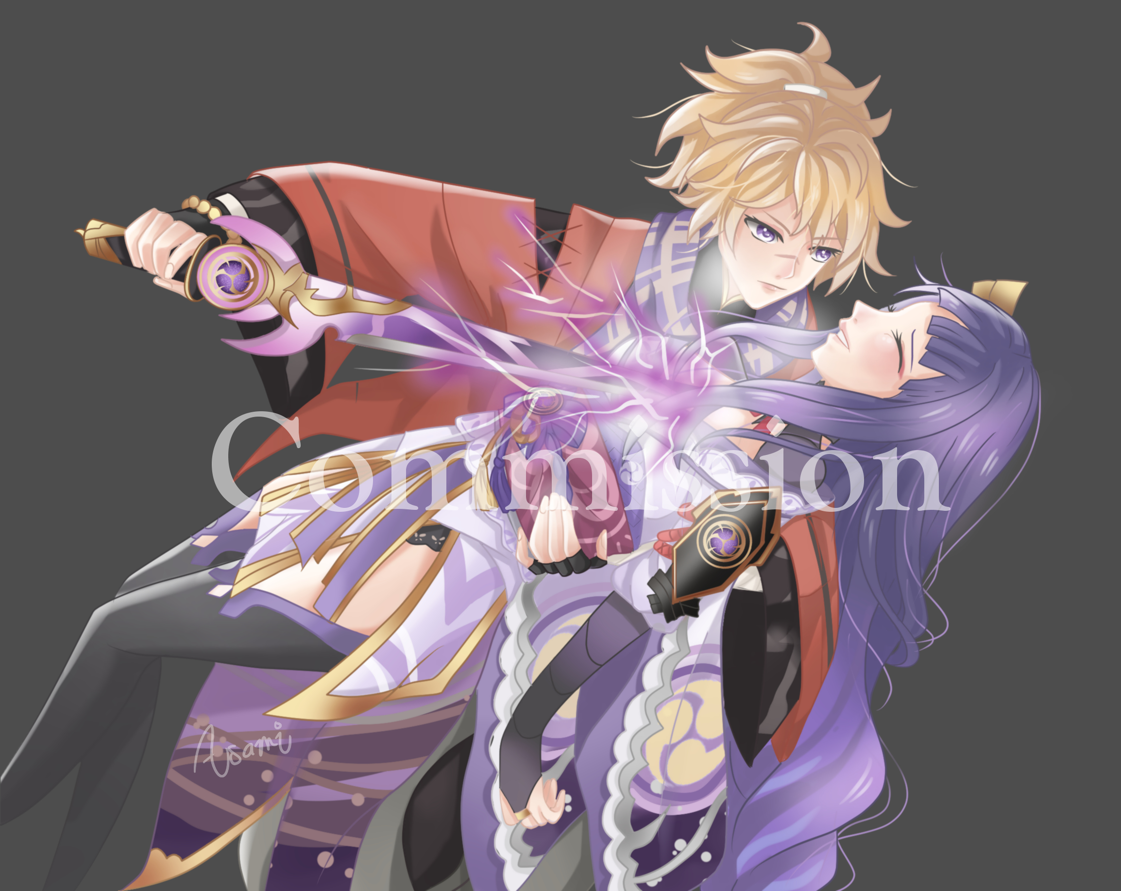 kazuha's friend (genshin impact), raiden shogun, genshin impact, commentary, commission, english commentary, highres, 1boy, 1girl, arm up, asami 7teen, black background, black panties, black thighhighs, blonde hair, blunt bangs, blush, branch, bridal gauntlets, closed eyes, closed mouth, couple, curly hair, drawing sword, electricity, friends, glowing, glowing sword, glowing weapon, hair ornament, hand on another's back, hetero, high ponytail, holding, holding sword, holding weapon, human scabbard, japanese clothes, katana, kimono, leaning back, leaning forward, leaning on person, leaning to the side, long hair, long sleeves, looking down, mitsudomoe (shape), multicolored hair, musou isshin (genshin impact), panties, parted lips, pink lips, ponytail, purple eyes, purple hair, purple kimono, red sash, sash, scar, scar on face, scarf, shade, sheath, simple background, smile, streaked hair, sword, sword between breasts, teeth, thighhighs, thighs, tomoe (symbol), underwear, weapon