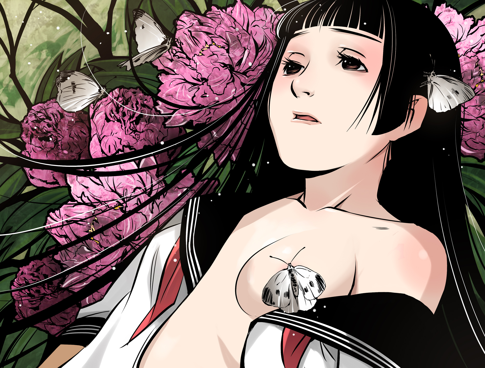 xr650r, original, highres, 1girl, black hair, breasts, brown eyes, female focus, flower, long hair, school uniform, serafuku, small breasts, solo