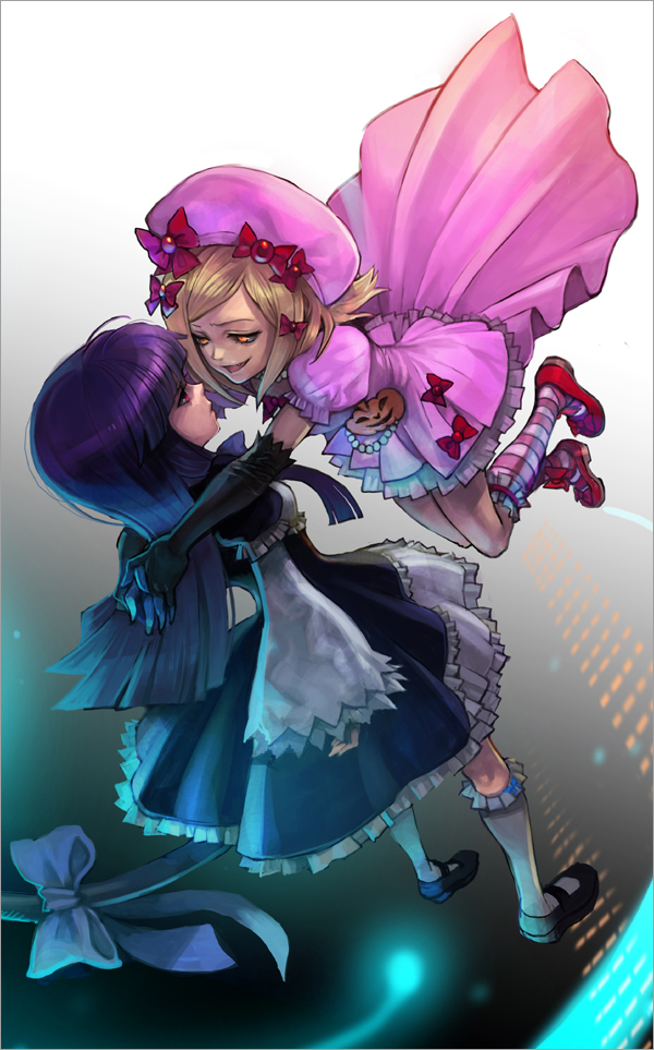 agasang, frederica bernkastel, lambdadelta, umineko no naku koro ni, 00s, 2girls, beret, blonde hair, blue hair, bow, dress, elbow gloves, glomp, gloves, hat, hug, kneehighs, mary janes, multiple girls, pink dress, pink hat, pumpkin, ribbon, serious, shoes, smile, socks, tail, yellow eyes, yuri