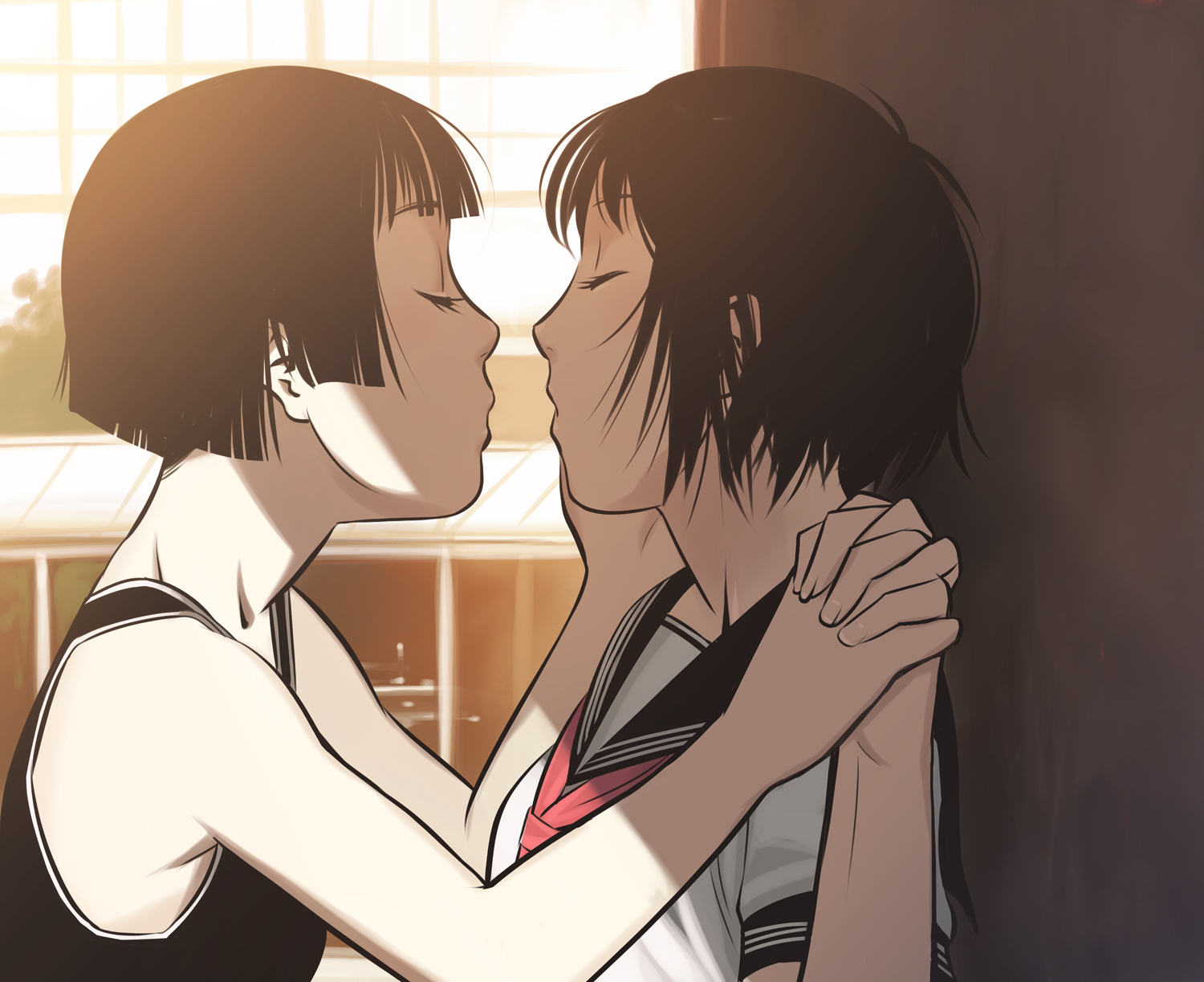 xr650r, highres, 2girls, black hair, closed eyes, multiple girls, school uniform, serafuku, yuri