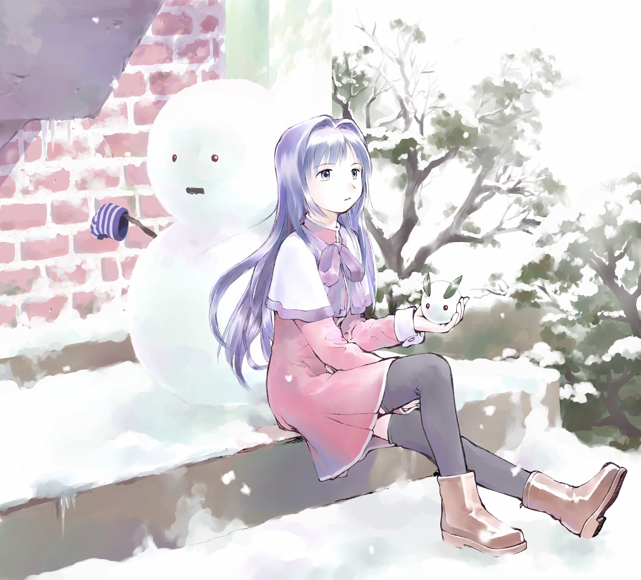yoshizuki kumichi, minase nayuki, kanon, highres, 1girl, blue hair, boots, female focus, long hair, red skirt, school uniform, sitting, skirt, snow, snow rabbit, snowman, solo, thighhighs