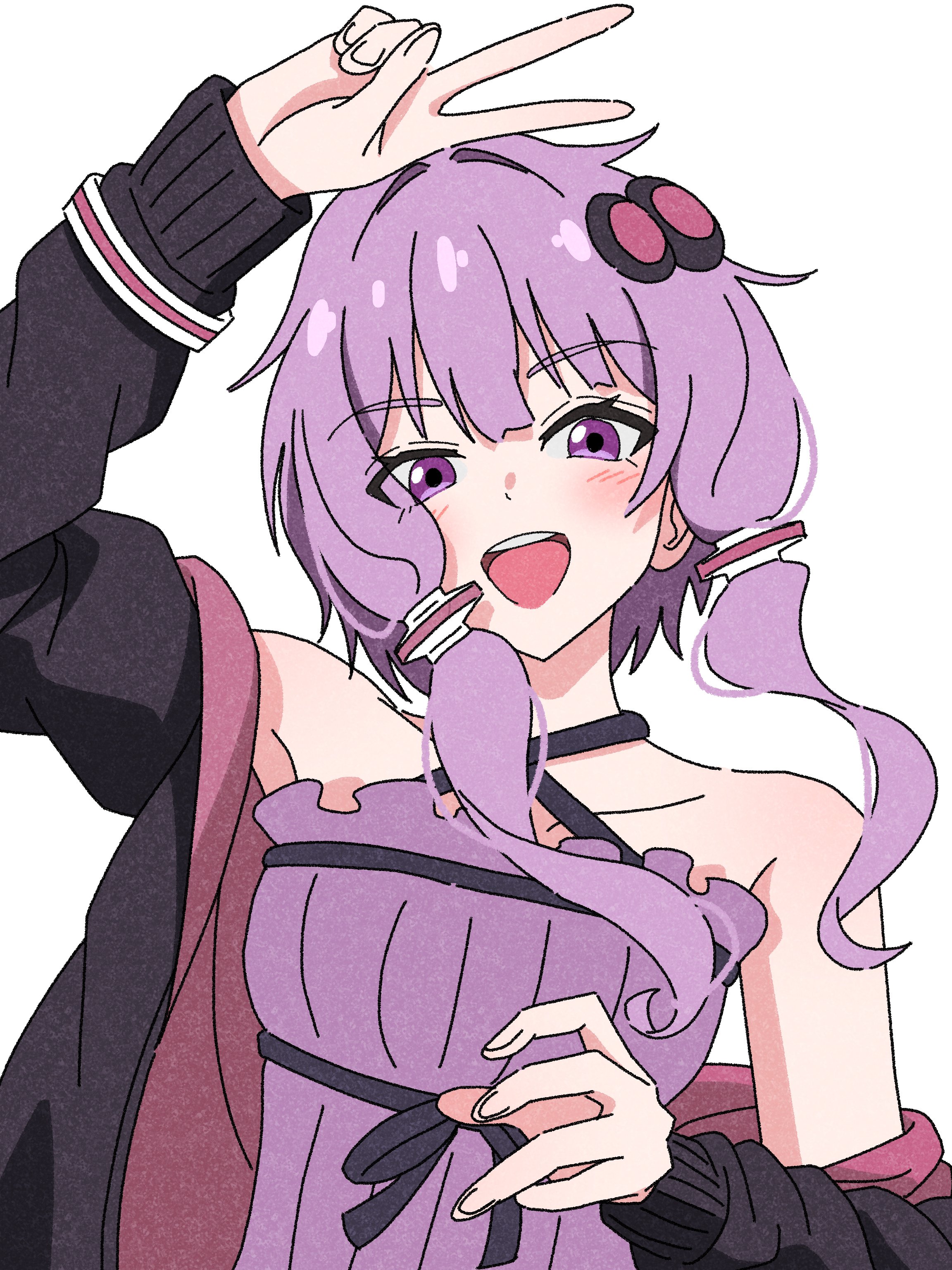 yuzuki yukari, vocaloid, absurdres, hashtag-only commentary, highres, 1girl, arm up, bare shoulders, black hoodie, blush, collarbone, criss-cross halter, dress, hair ornament, halterneck, head tilt, hood, hoodie, long sleeves, lonsooooooooo, looking at viewer, open mouth, pink hoodie, purple dress, purple eyes, purple hair, ribbon, short hair with long locks, sidelocks, simple background, single off shoulder, smile, solo, teeth, two-tone hoodie, upper body, upper teeth only, v, white background