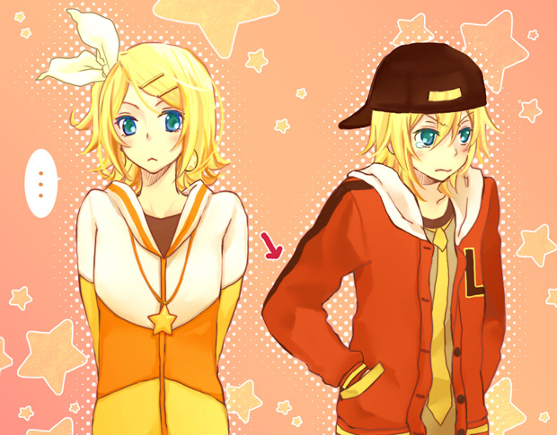 p satoko, kagamine len, kagamine rin, juvenile (vocaloid), vocaloid, bad id, bad pixiv id, 1boy, 1girl, aqua eyes, backwards hat, baseball cap, blonde hair, brother and sister, casual, hair ornament, hairclip, hand in pocket, hat, hood, hoodie, jewelry, necklace, necktie, siblings, twins, yellow necktie