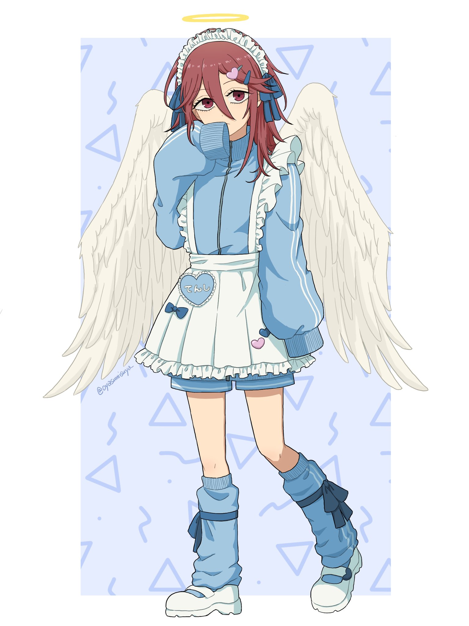 oyasumisuya, angel devil (chainsaw man), chainsaw man, commentary request, highres, 1boy, alternate costume, androgynous, angel, angel wings, anime coloring, apron, blue shorts, blue socks, blue track suit, brown eyes, brown hair, closed mouth, frilled apron, frills, full body, glowing, glowing halo, hair between eyes, hair ornament, hairclip, halo, hand up, heart, heart hair ornament, long hair, long hair between eyes, looking at viewer, loose socks, maid, maid apron, male focus, shoes, shorts, socks, solo, standing, track suit, traditional halo, unconventional maid, very long hair, waist apron, white shoes, white wings, wings