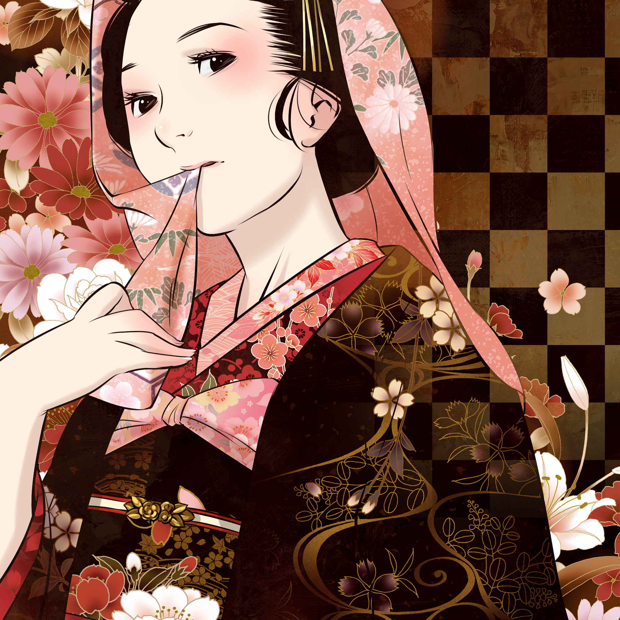 xr650r, original, highres, 1girl, black hair, eyelashes, eyeshadow, female focus, floral print, flower, geisha, japanese clothes, lipstick, makeup, mouth hold, solo, veil