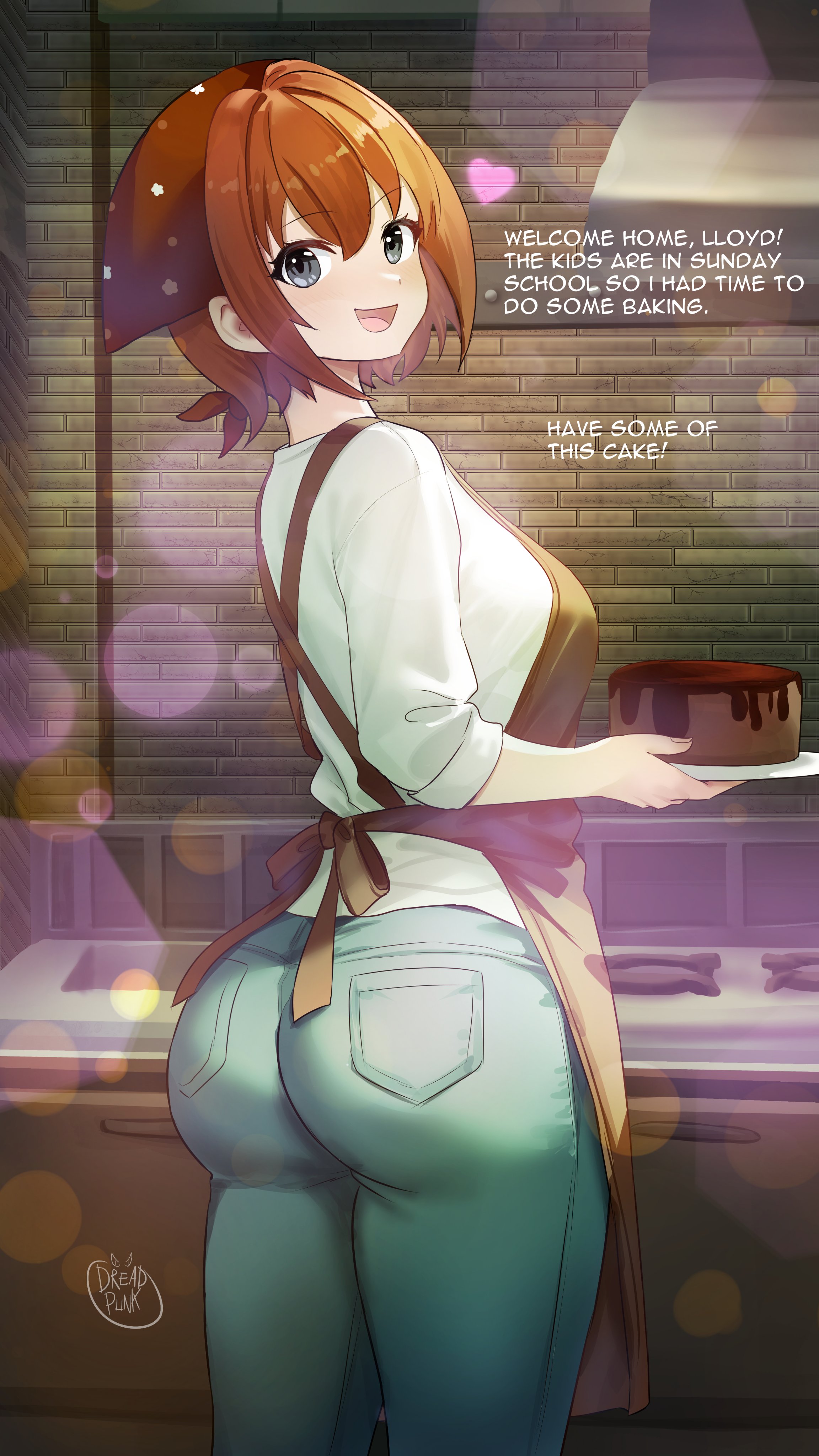 dreadpunk, noel seeker, ao no kiseki, eiyuu densetsu, zero no kiseki, absurdres, commentary, commission, english commentary, highres, second-party source, 1girl, apron, artist name, ass, ass focus, bob cut, brown apron, brown hair, cake, chocolate cake, denim, double-parted bangs, english text, food, green eyes, heart, holding, holding plate, huge ass, indoors, jeans, kitchen, long sleeves, looking at viewer, pants, plate, short hair, solo