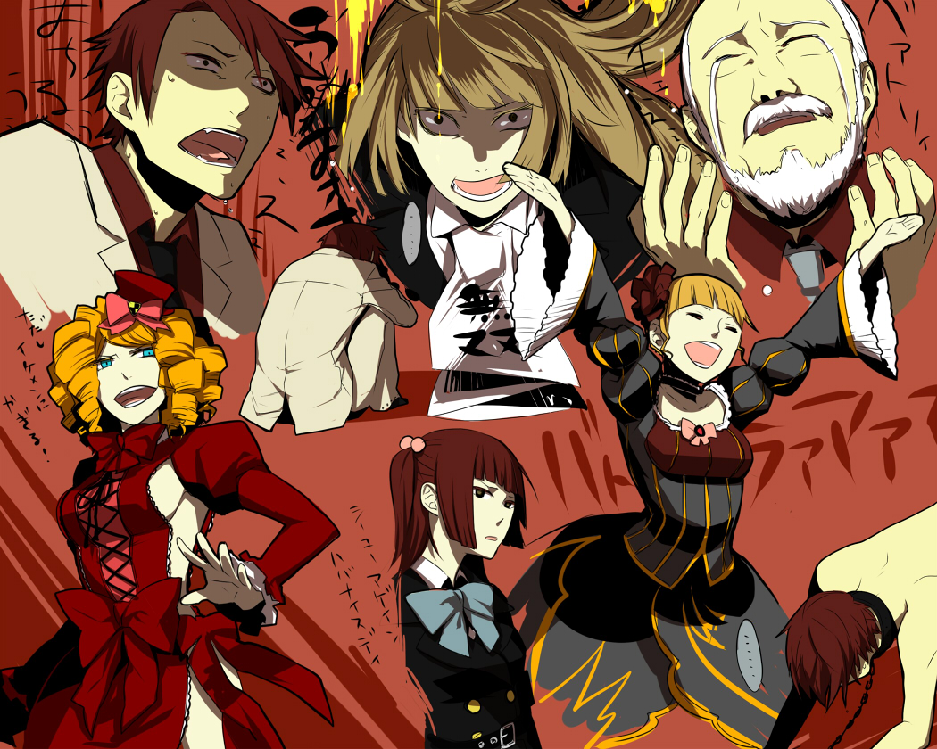 beatrice (umineko), gaap (umineko), ushiromiya ange, ushiromiya battler, ushiromiya kinzou, ushiromiya rosa, umineko no naku koro ni, bad id, bad pixiv id, translated, 00s, 2boys, 4girls, belt, black eyes, blonde hair, blue eyes, blunt bangs, bow, breasts, brother and sister, brown hair, chain, choker, closed eyes, crazy eyes, dress, drill hair, frills, hair bobbles, hair ornament, hat, hime cut, jacket, large breasts, medium breasts, mini hat, mini top hat, multiple boys, multiple girls, necktie, nude, open mouth, pink bow, red hair, ribbon, ringlets, short hair, siblings, sideboob, tears, top hat, twintails, white hair