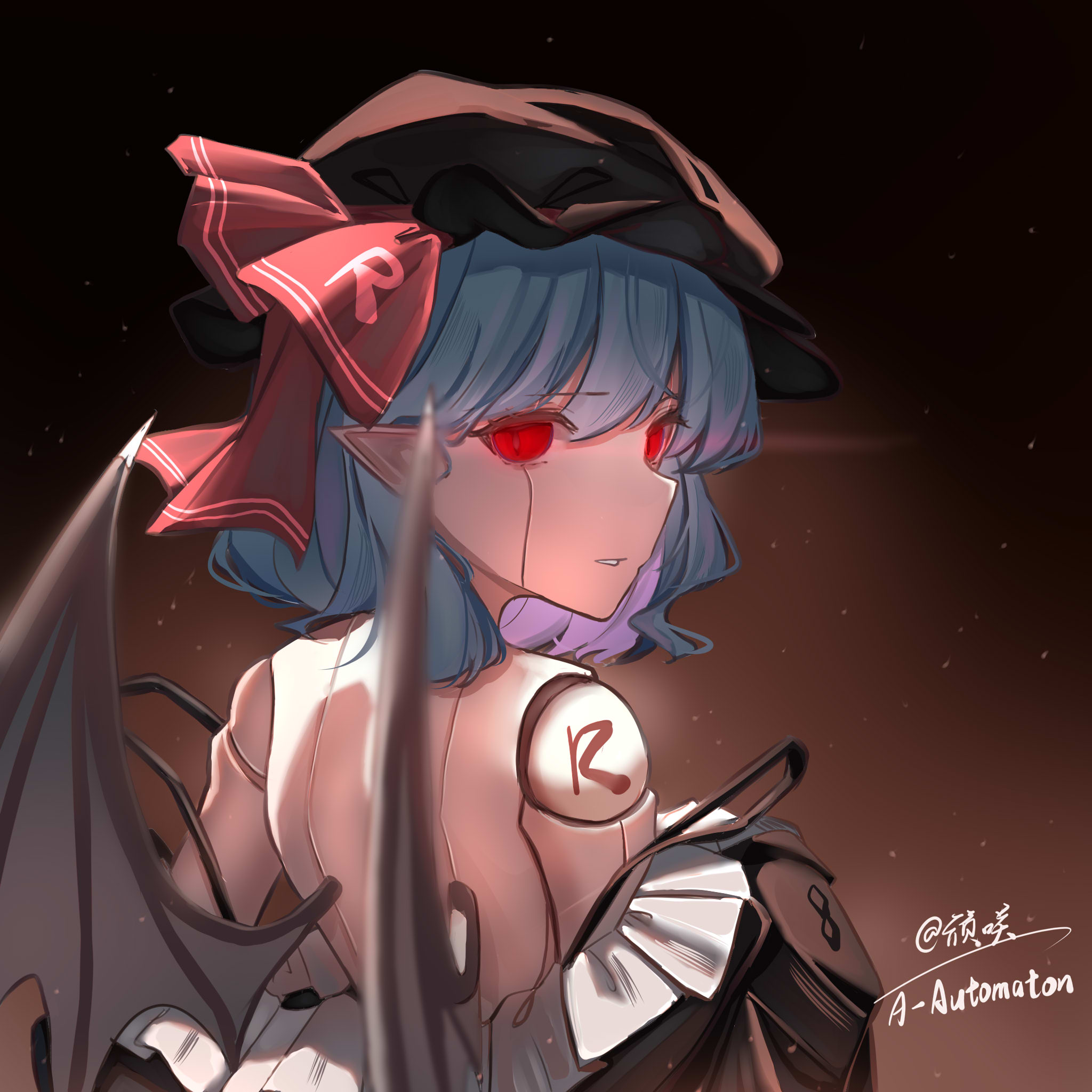 2091966, remilia scarlet, touhou, highres, 1girl, bare back, bat wings, black hat, black shirt, doll joints, expressionless, frilled hat, frills, hair between eyes, hat, hat ribbon, joints, looking at viewer, mob cap, off shoulder, parted lips, purple hair, red eyes, red ribbon, ribbon, shirt, short hair, solo, wings