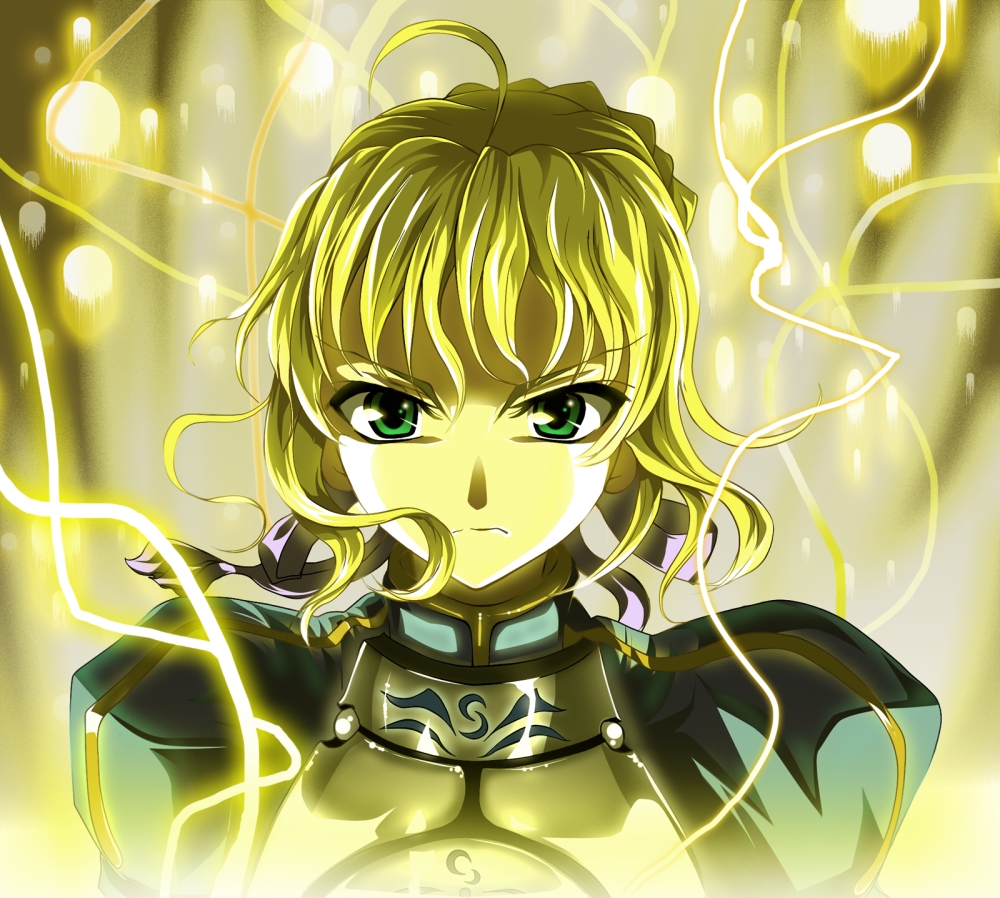 skyt2, artoria pendragon (fate), saber (fate), fate/stay night, fate (series), 00s, ahoge, armor, blonde hair, green eyes, solo