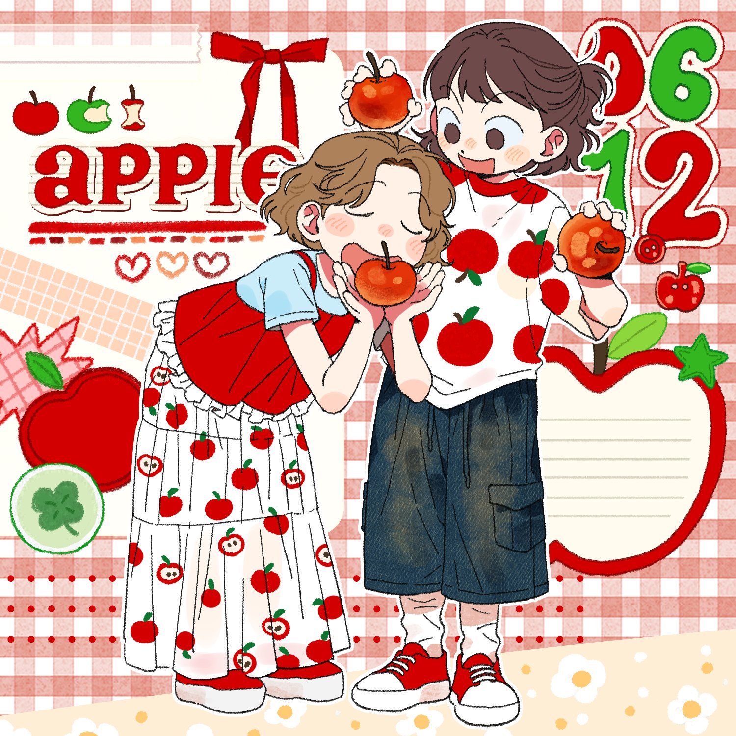 mannerer62, original, commentary, highres, 2girls, apple, apple print, bent over, blue shirt, bow, brown eyes, brown hair, choppy bangs, closed eyes, clover, curtained hair, english text, food, food print, four-leaf clover, fruit, fruit print, gingham, green apple, holding, holding food, holding fruit, long skirt, looking at another, multiple girls, open mouth, red shirt, red shoes, shirt, shoes, short hair, shorts, skirt, sneakers, surprised, white shirt, white skirt