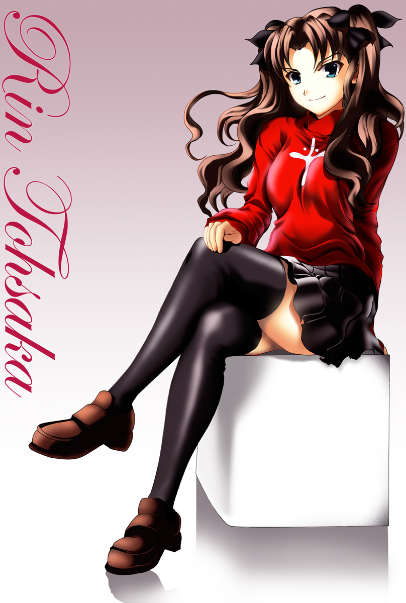 skyt2, tohsaka rin, fate/stay night, fate (series), bad id, bad pixiv id, highres, 00s, 1girl, black hair, black thighhighs, blue eyes, crossed legs, female focus, legs, loafers, long hair, long legs, shoes, sitting, skirt, solo, thighhighs, two side up, zettai ryouiki