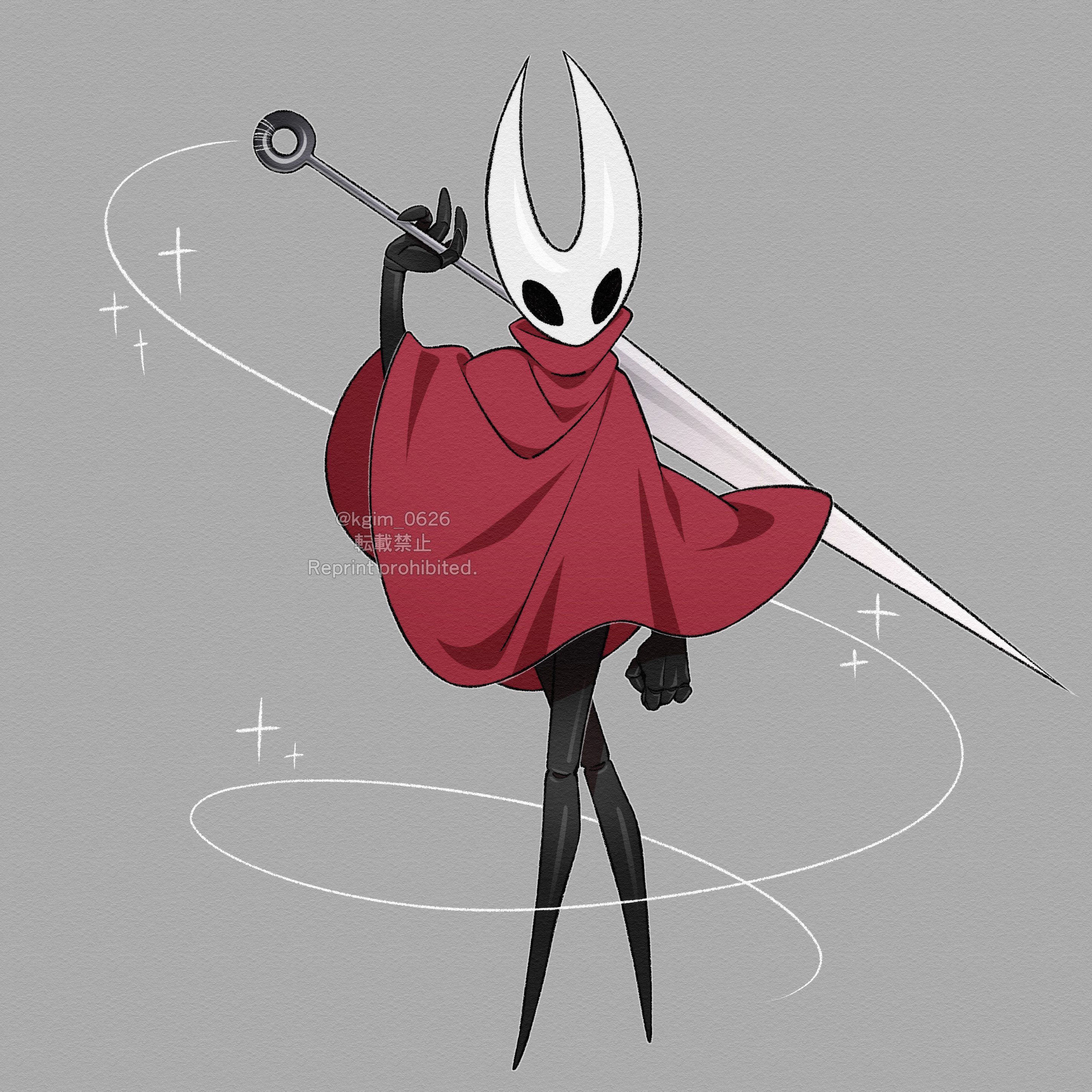 kageimo, hornet (hollow knight), hollow knight, absurdres, highres, 1girl, arm at side, arthropod girl, clenched hand, cloak, crossed legs, fewer digits, full body, grey background, hand up, holding, holding weapon, hollow eyes, horned mask, looking at viewer, mask, needle (hollow knight), no mouth, over shoulder, paper texture, red cloak, simple background, solo, sparkle, twintails, twitter username, watermark, weapon, weapon over shoulder, white mask