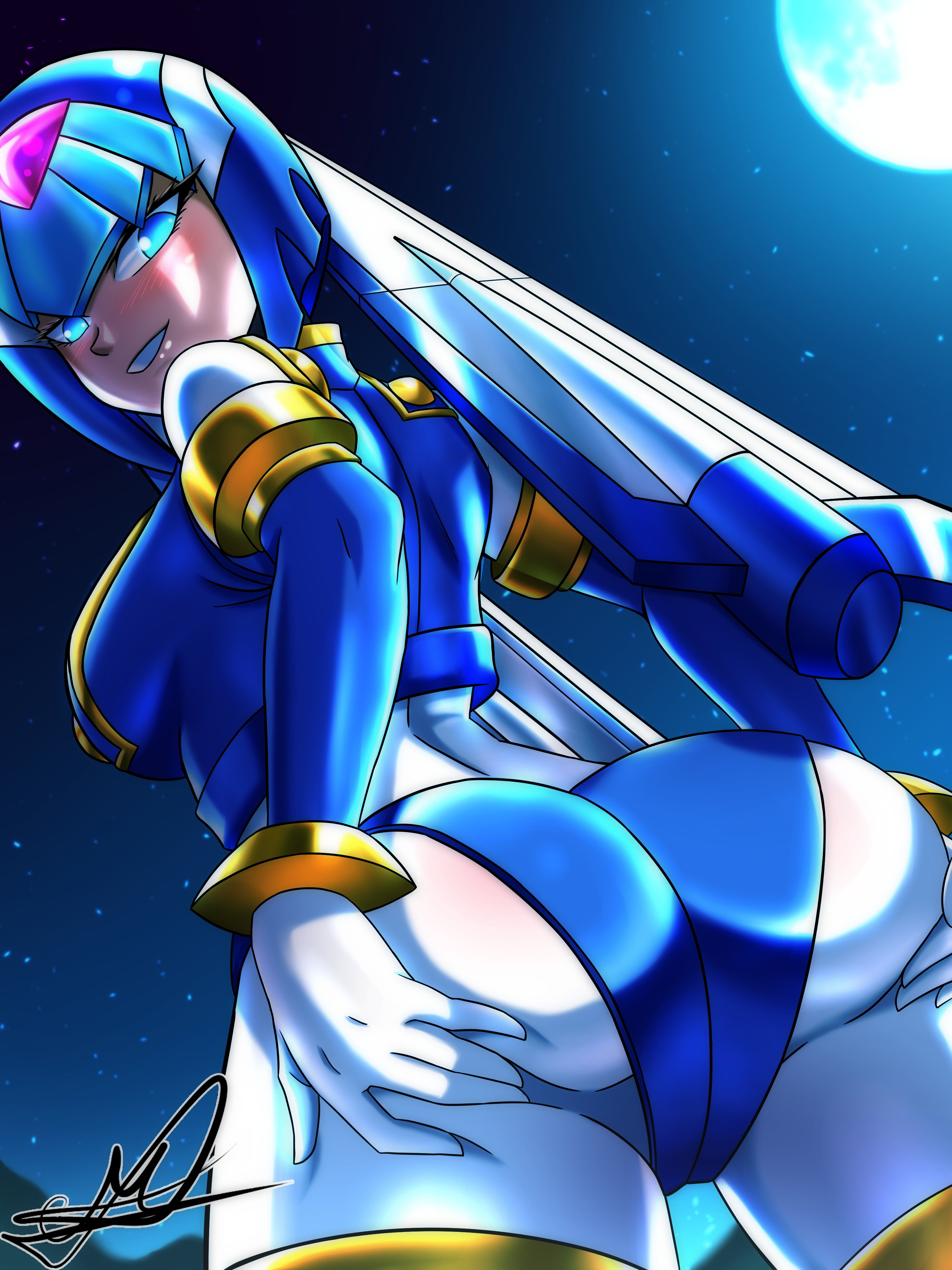 rockartistz, fairy leviathan (mega man), mega man (series), mega man zero (series), absurdres, highres, 1girl, armor, ass, blue armor, blue eyes, blue helmet, blush, breasts, cowboy shot, forehead jewel, from behind, full moon, helmet, large breasts, moon, night, solo