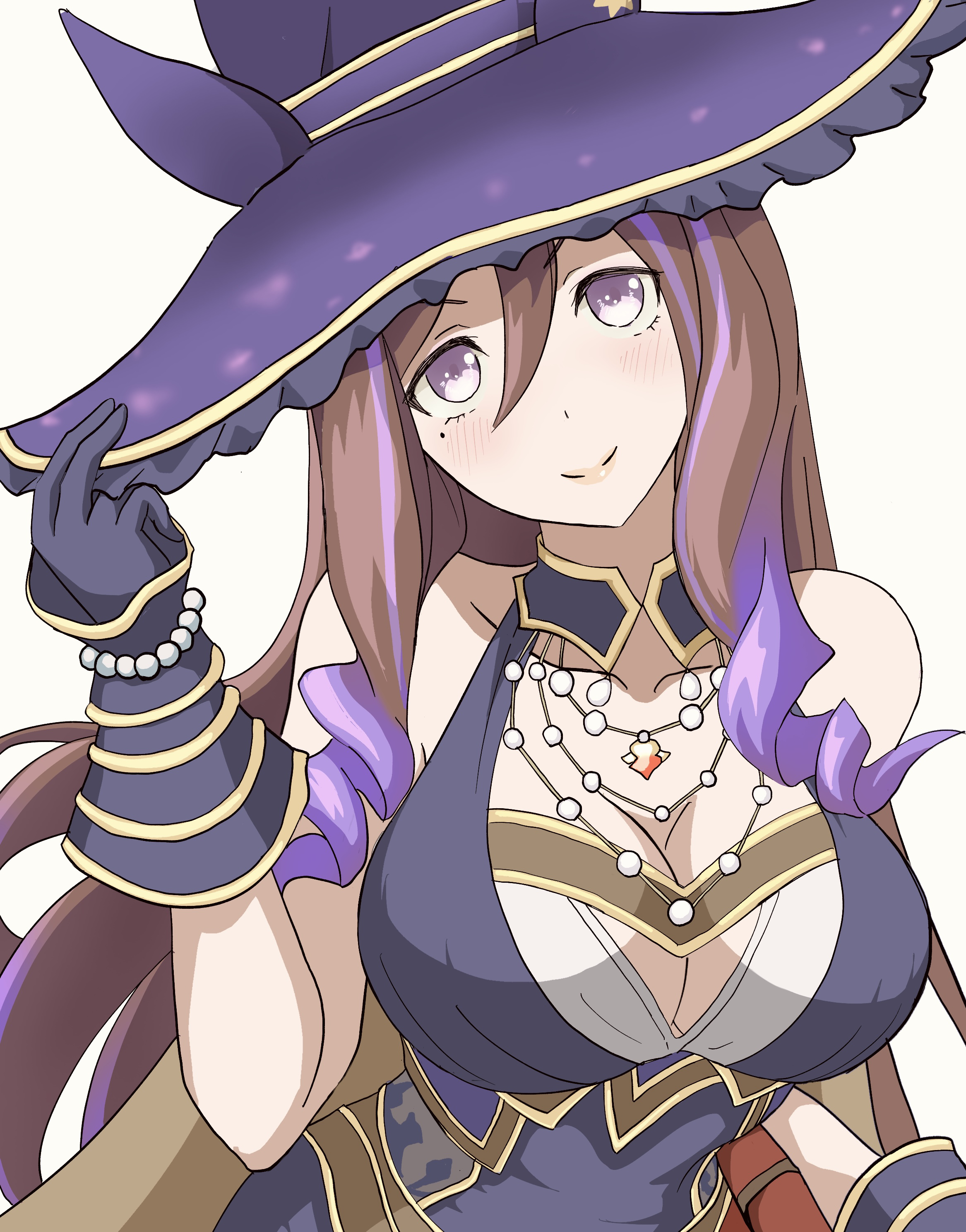 masasim, seeking the pearl (be-witched) (umamusume), seeking the pearl (umamusume), umamusume, absurdres, highres, 1girl, animal ears, bare shoulders, black gloves, black hat, blush, breasts, brown hair, cleavage, closed mouth, collarbone, dress, gloves, hair between eyes, hat, horse ears, horse girl, large breasts, long hair, looking at viewer, low twintails, official alternate costume, official alternate hairstyle, purple dress, purple eyes, purple hair, simple background, sleeveless, sleeveless dress, smile, twintails, upper body, white background, witch hat