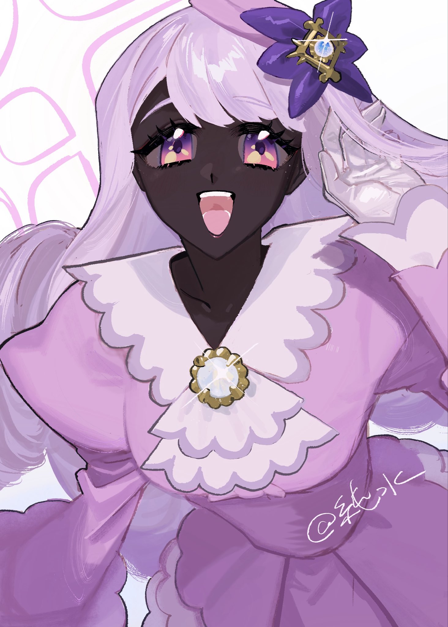 junnsui05 3939, jacinthe (pokemon), nintendo, pokemon, pokemon legends: z-a, highres, 1girl, ascot, brooch, dark-skinned female, dark skin, dress, fascinator, frilled ascot, frilled shirt collar, frills, glint, gloves, hand in own hair, hand up, jewelry, juliet sleeves, lipstick, long hair, long sleeves, looking at viewer, low drills, makeup, mega stone, open mouth, puffy sleeves, purple dress, purple eyes, purple hair, smile, solo, upper body, very dark skin