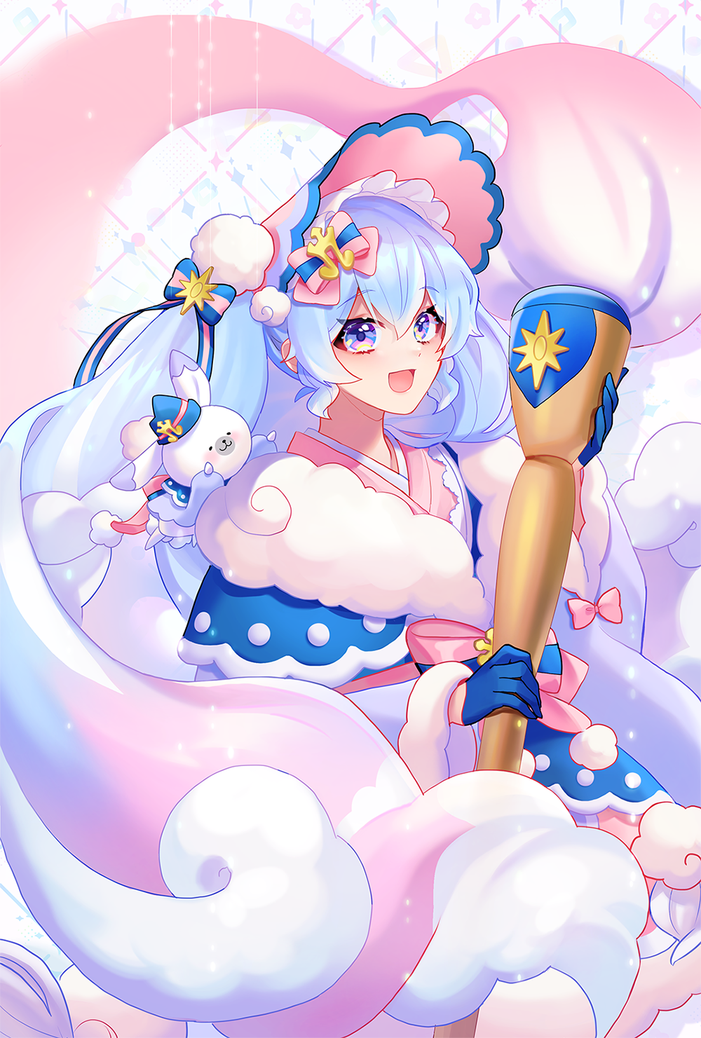 ruk (spi1116), hatsune miku, rabbit yukine, yuki miku, yuki miku (2023), vocaloid, highres, 1girl, 1other, aqua hair, blue gloves, blush, bonnet, bow, fur-trimmed kimono, fur trim, giant brush, gloves, gradient hair, hair between eyes, hair bow, hair ornament, hair ribbon, holding, holding paintbrush, japanese clothes, kimono, long hair, long sleeves, looking at viewer, multicolored hair, official alternate costume, official alternate hairstyle, open mouth, paintbrush, pink hair, pink kimono, pom pom (clothes), rabbit, ribbon, smile, sun hair ornament, twintails, very long hair