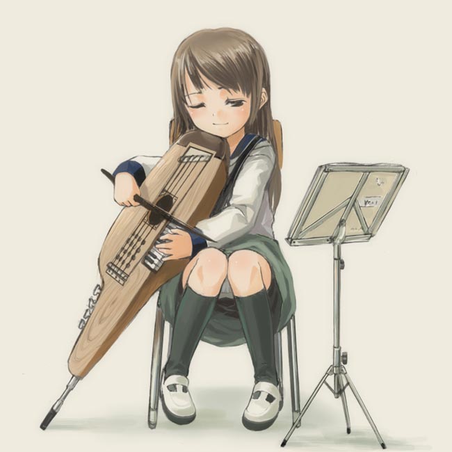 non-web source, black socks, bow (music), brown eyes, brown hair, chair, instrument, kneehighs, music stand, one eye closed, panties, pantyshot, school uniform, serafuku, sitting, skirt, socks, solo, underwear, upskirt, wink