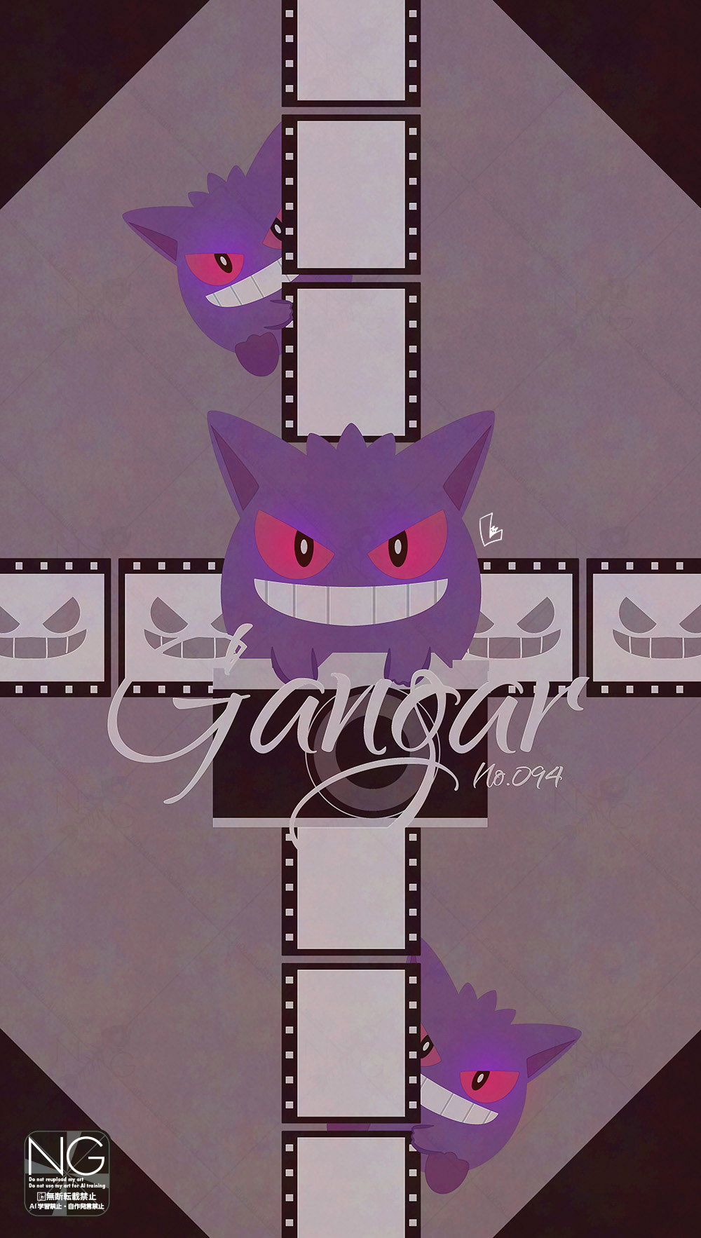 meme (sleepsheep), gengar, nintendo, pokemon, highres, camera, colored sclera, film strip, gen 1 pokemon, ghost, grin, looking at viewer, no humans, open mouth, pokemon (creature), pokemon focus, red eyes, red sclera, smile, teeth