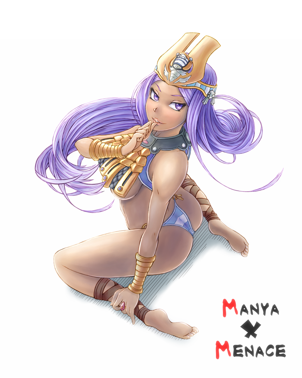 saltydanshark, ancient princess menace, manya (dq4), menace (queen's blade), chunsoft, dragon quest, dragon quest iv, enix, queen's blade, highres, 1girl, barefoot, cosplay, dark-skinned female, dark skin, feet, female focus, jewelry, lots of jewelry, menace (cosplay), panties, solo, striped clothes, striped panties, thong, underwear