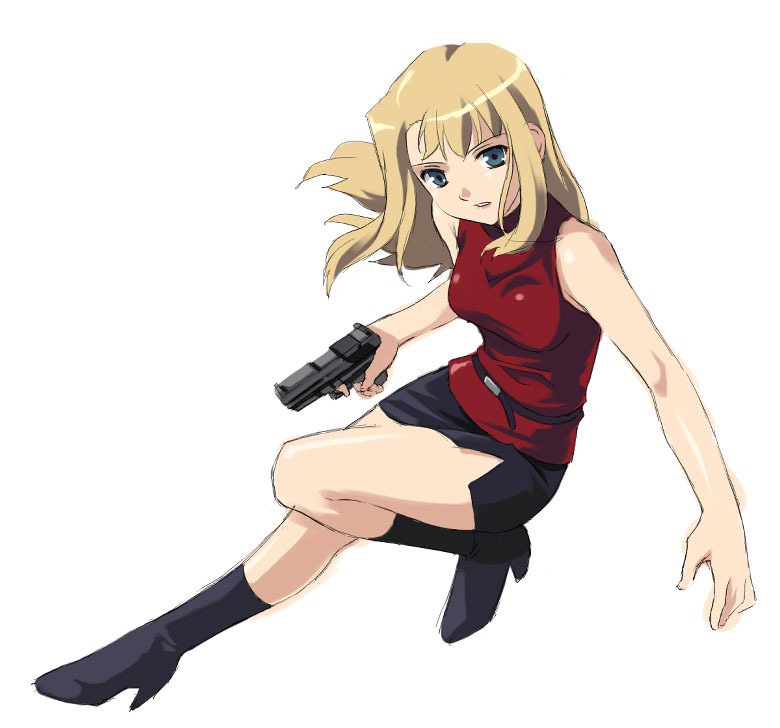 umekichi, mireille bouquet, noir (anime), non-web source, 00s, 1girl, bare arms, bare shoulders, belt, black belt, black boots, black skirt, blonde hair, blue eyes, boots, breasts, female focus, full body, gun, handgun, high heel boots, high heels, long hair, looking at viewer, miniskirt, pencil skirt, pistol, red shirt, shirt, side slit, simple background, skirt, sleeveless, sleeveless shirt, sleeveless turtleneck, solo, turtleneck, turtleneck shirt, weapon, white background