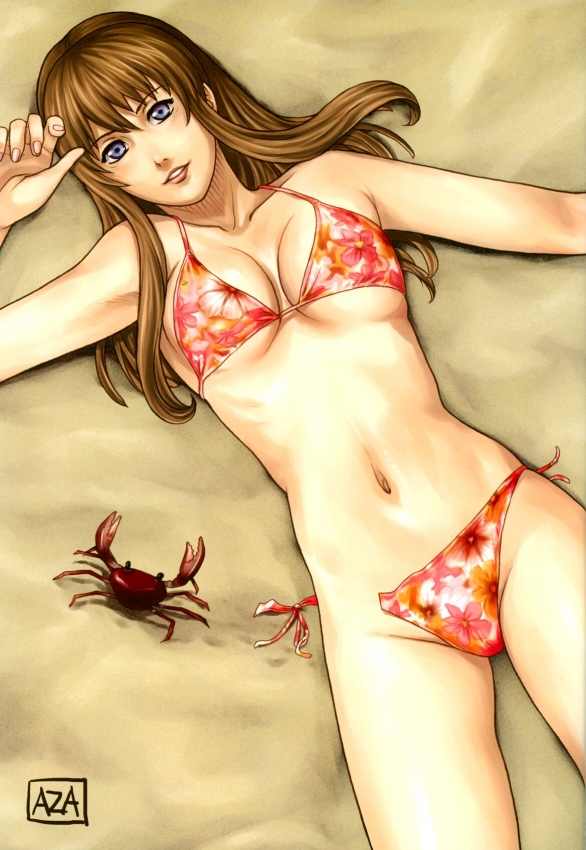 azasuke, hitomi (doa), dead or alive, tecmo, 1girl, beach, bikini, crab, crustacean, floral print, lying, navel, pink bikini, side-tie bikini bottom, smile, solo, swimsuit, torn bikini, torn clothes, torn swimsuit, wardrobe malfunction