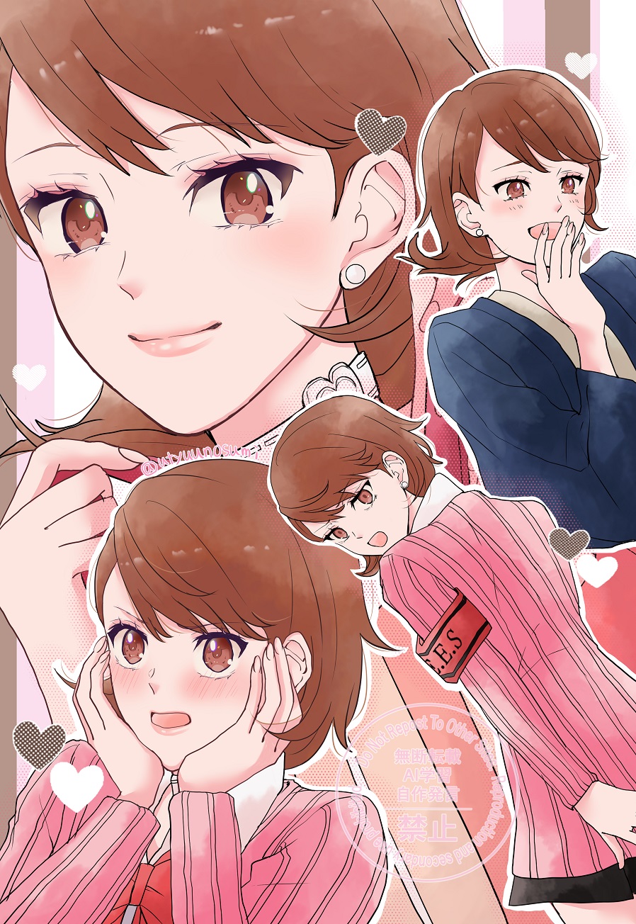 takeba yukari, persona, persona 3, highres, mixed-language commentary, 1girl, armband, birthday, black skirt, blue kimono, blush, bow, bowtie, brown eyes, brown hair, cardigan, choker, closed mouth, collared shirt, earrings, flipped hair, gekkoukan high school uniform, hair behind ear, hands on own cheeks, hands on own face, heart, heart choker, japanese clothes, jewelry, kimono, lips, long sleeves, looking at viewer, miniskirt, multiple views, open mouth, pink cardigan, pink lips, red armband, red bow, red bowtie, ribbed cardigan, s.e.e.s, school uniform, shirt, short hair, skirt, smile, stud earrings, twitter username, upper body, utyuunosumi, white choker, white shirt, yukata