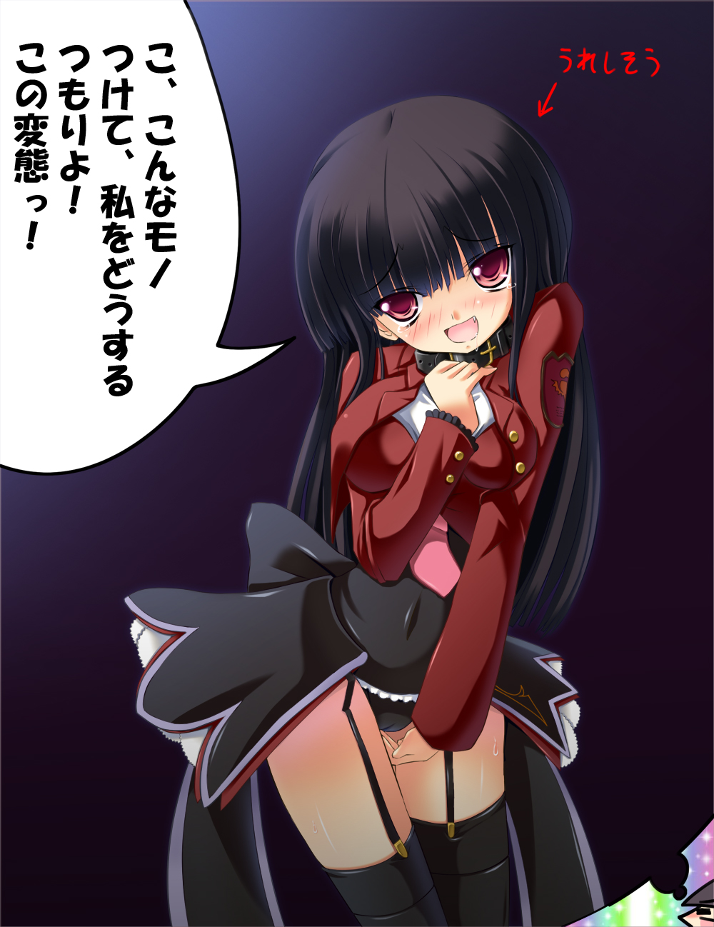 torisan, lucifer (umineko), umineko no naku koro ni, highres, translation request, 00s, 1girl, black garter straps, black hair, blunt bangs, blush, collar, fang, female focus, garter belt, garter straps, hime cut, leotard, necktie, pink necktie, red eyes, school uniform, solo, sweat, thighhighs