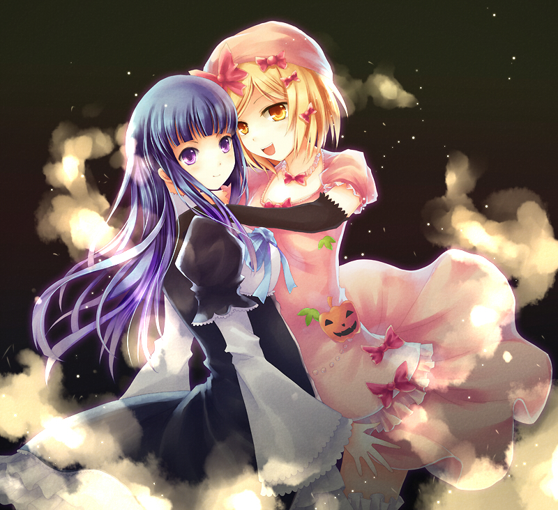 vienri, frederica bernkastel, lambdadelta, umineko no naku koro ni, 00s, 2girls, blonde hair, blue hair, elbow gloves, gloves, hat, multiple girls, pink hat, skirt