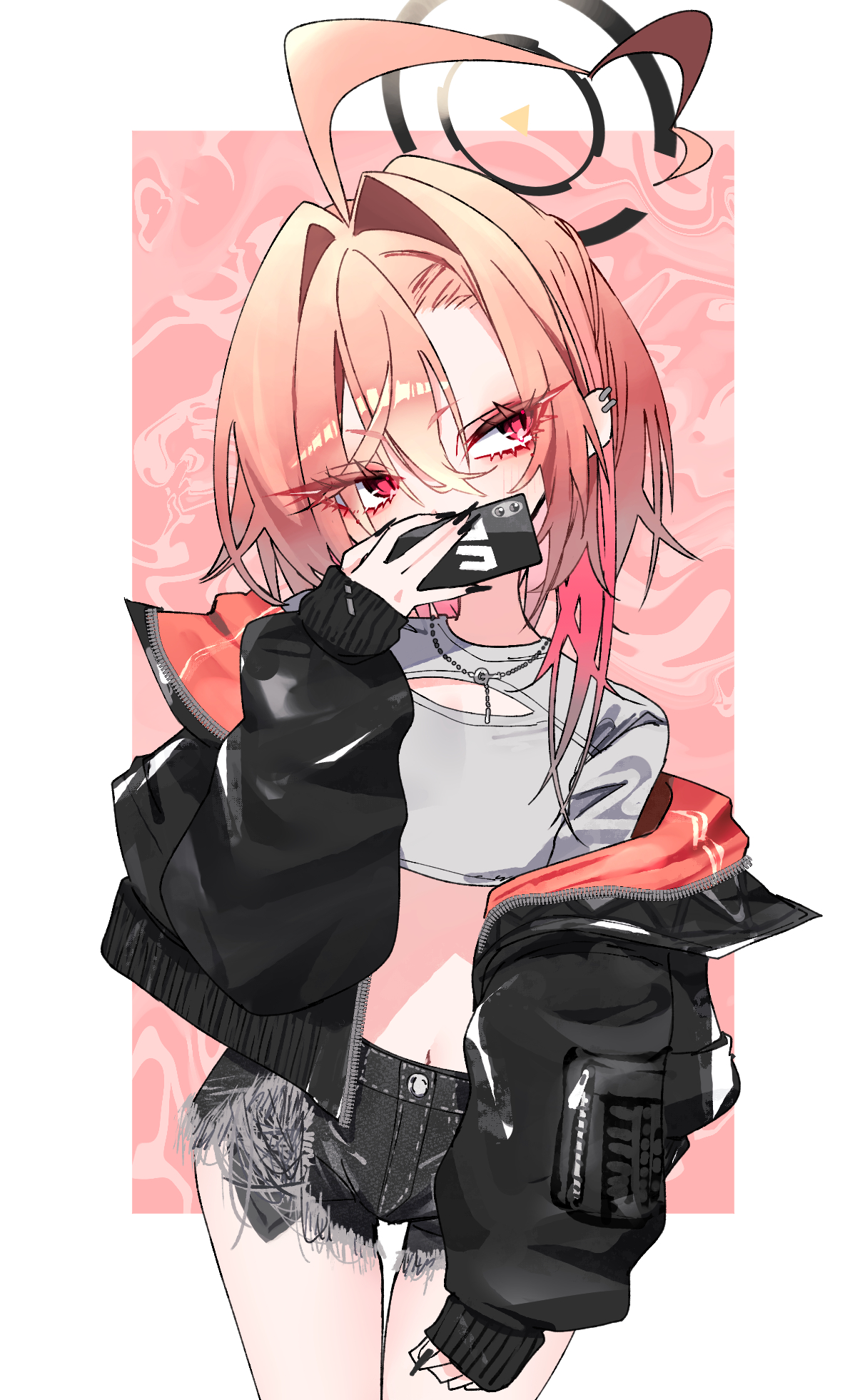 mo2upoyo, neru (blue archive), blue archive, highres, 1girl, ahoge, alternate costume, black coat, black nails, black shorts, cellphone, coat, covering own mouth, crop top, cutoffs, denim, denim shorts, earrings, fingernails, flat chest, grey shirt, gyaru, hair between eyes, hair over shoulder, halo, high-waist shorts, holding, holding phone, huge ahoge, jewelry, long fingernails, medium hair, millennium science school logo, navel, necklace, off-shoulder coat, off shoulder, open clothes, open coat, orange hair, phone, pink background, red eyes, shirt, short shorts, shorts, slit pupils, smartphone, solo, standing, thigh gap