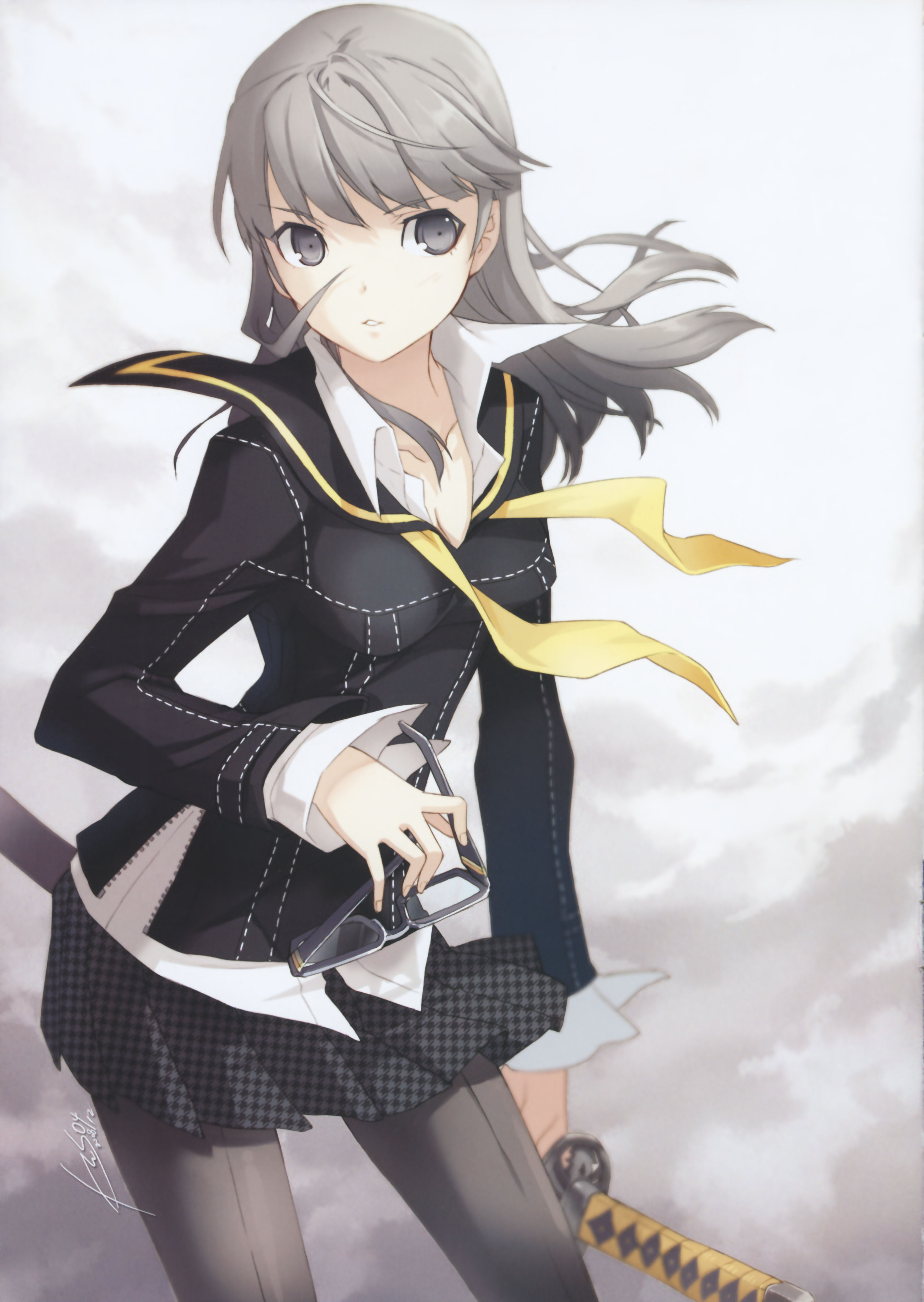 h2so4, narukami yu, atlus, persona, persona 4, absurdres, highres, 1girl, breasts, cleavage, female focus, genderswap, genderswap (mtf), glasses, grey eyes, grey hair, katana, leaning forward, long hair, medium breasts, pantyhose, parted lips, school uniform, sheath, sheathed, skirt, solo, sword, weapon, wind